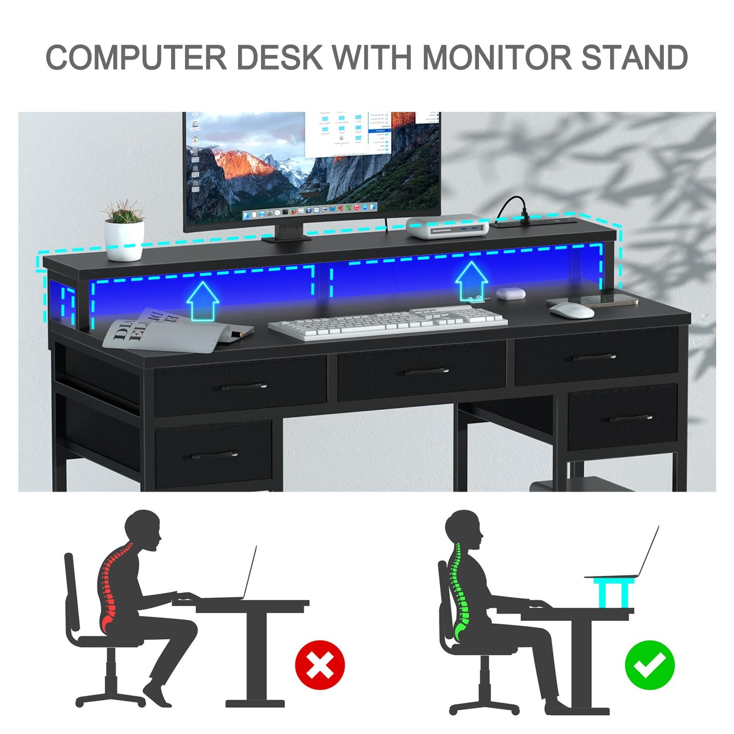 Uniheim Black Computer Desk with Drawers, Gaming Desk with LED Light & Power Outlet, 47" Home Office Desk with Large Storage & Monitor Stand for Small Space