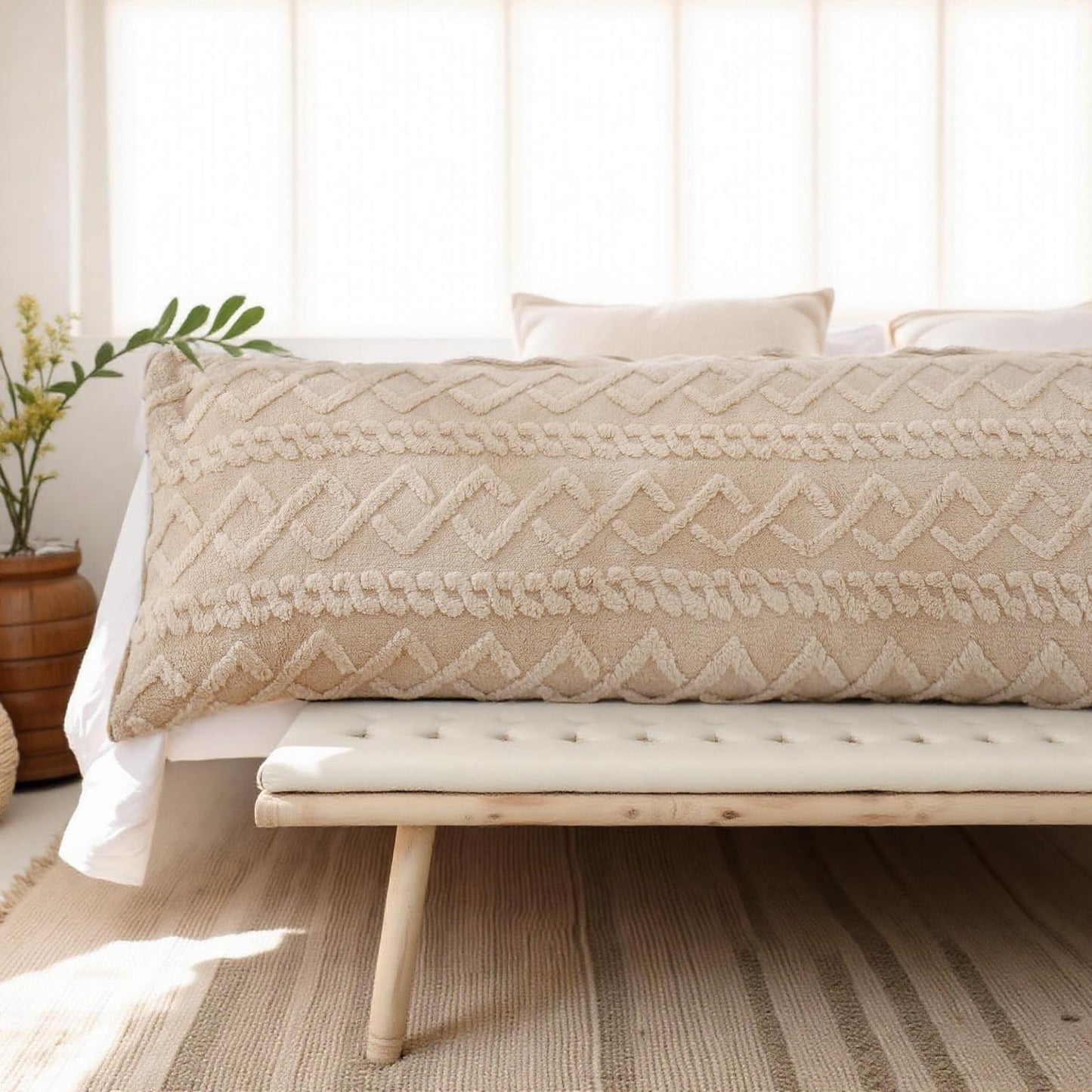 Chumerry Beige Fluffy Body Pillow Cover Faux Fur Pillowcase for Couch Bed Diamond Stripe Geometric Bed Pillow Cover Flannel Fleece Long Pillow Cover
