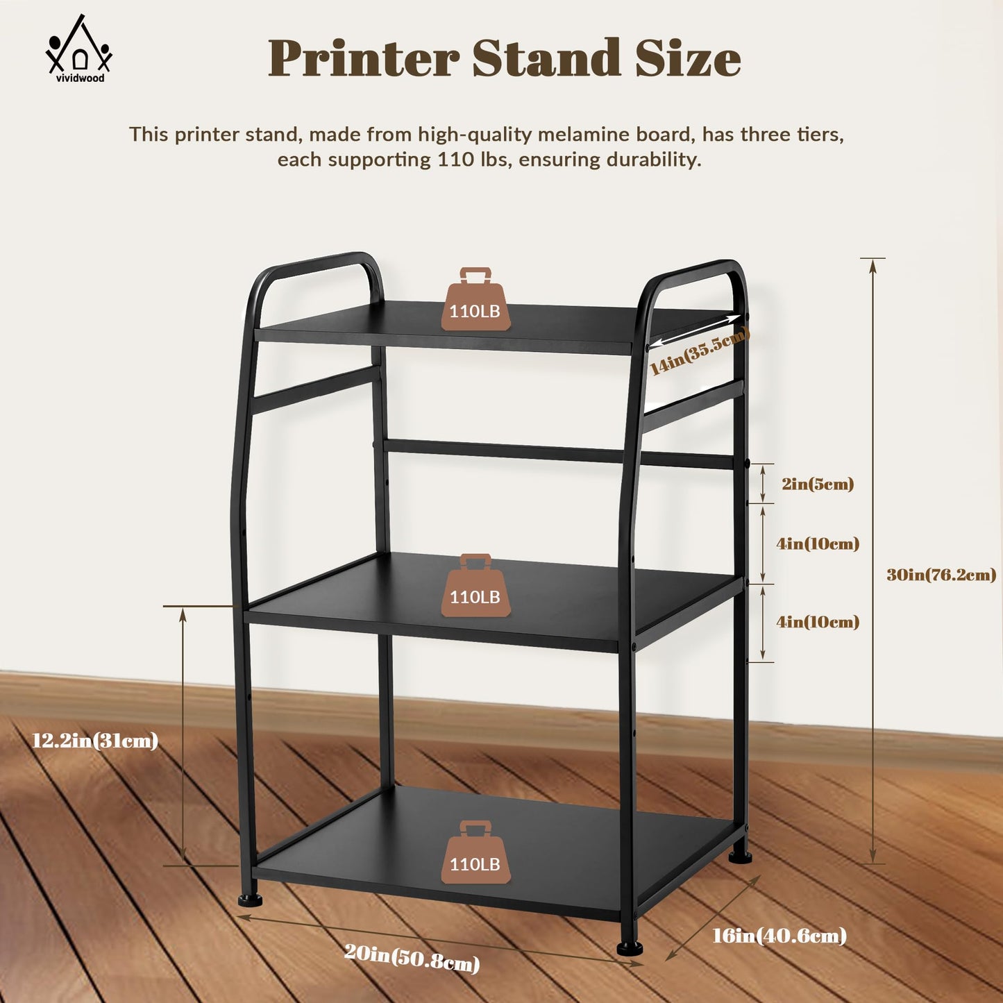 Vividwood Printer Stand - Large 3 Tier Printer Table with Adjustable Storage Shelf - Rolling Cart with Wheels -Stable Desk for Home Office Use (Black)