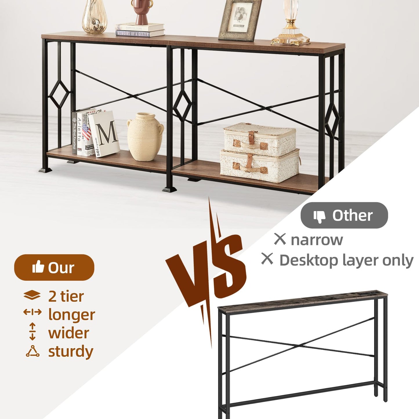HOMISSUE Long Entryway Console Table, 70.9" Industrial Narrow Sofa Tables Behind Couch with 2 Tier Storage Shelf for Hallway, Living Room, Rustic Brown