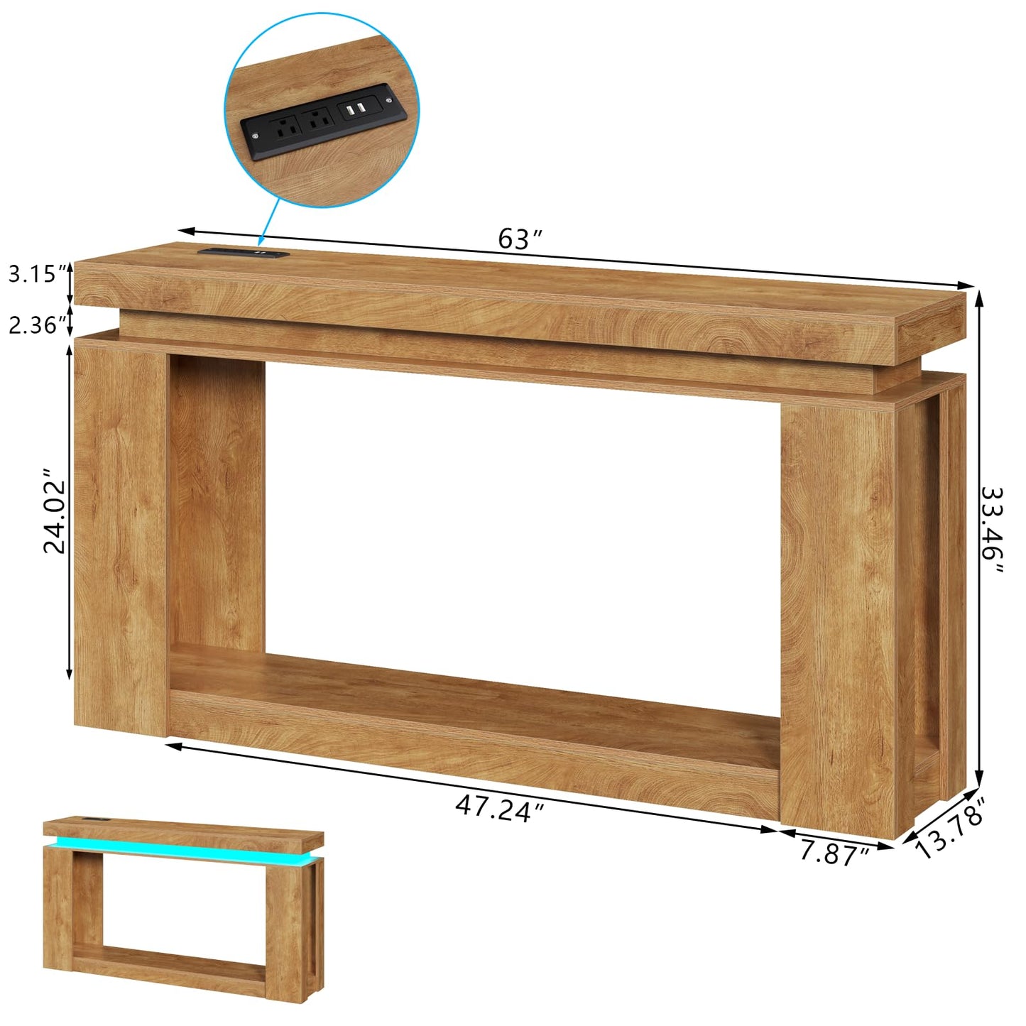 Loomie 63" Long Console Table with LED Lights & Power Outlet, 2-Tier Farmhouse Sofa Table Behind Couch with Storage, Narrow Entryway Tables with Heavy Duty Base for Living Room, Hallway (Natural)