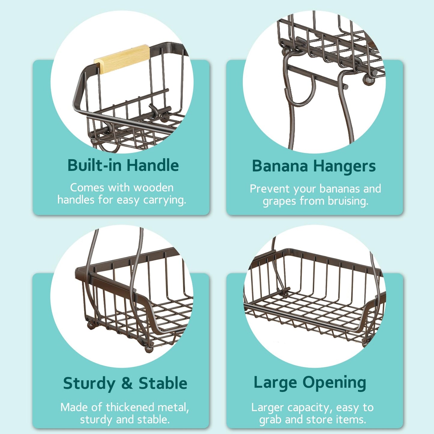 ANTOPY 2 Tier Fruit Basket with 2 Banana Hangers, Detachable Countertop Fruit Bowls for Kitchen Counter, Metal Wire Fruit Vegetable Storage Holder Stand with Wooden Handles for Bread, Snacks, Veggies