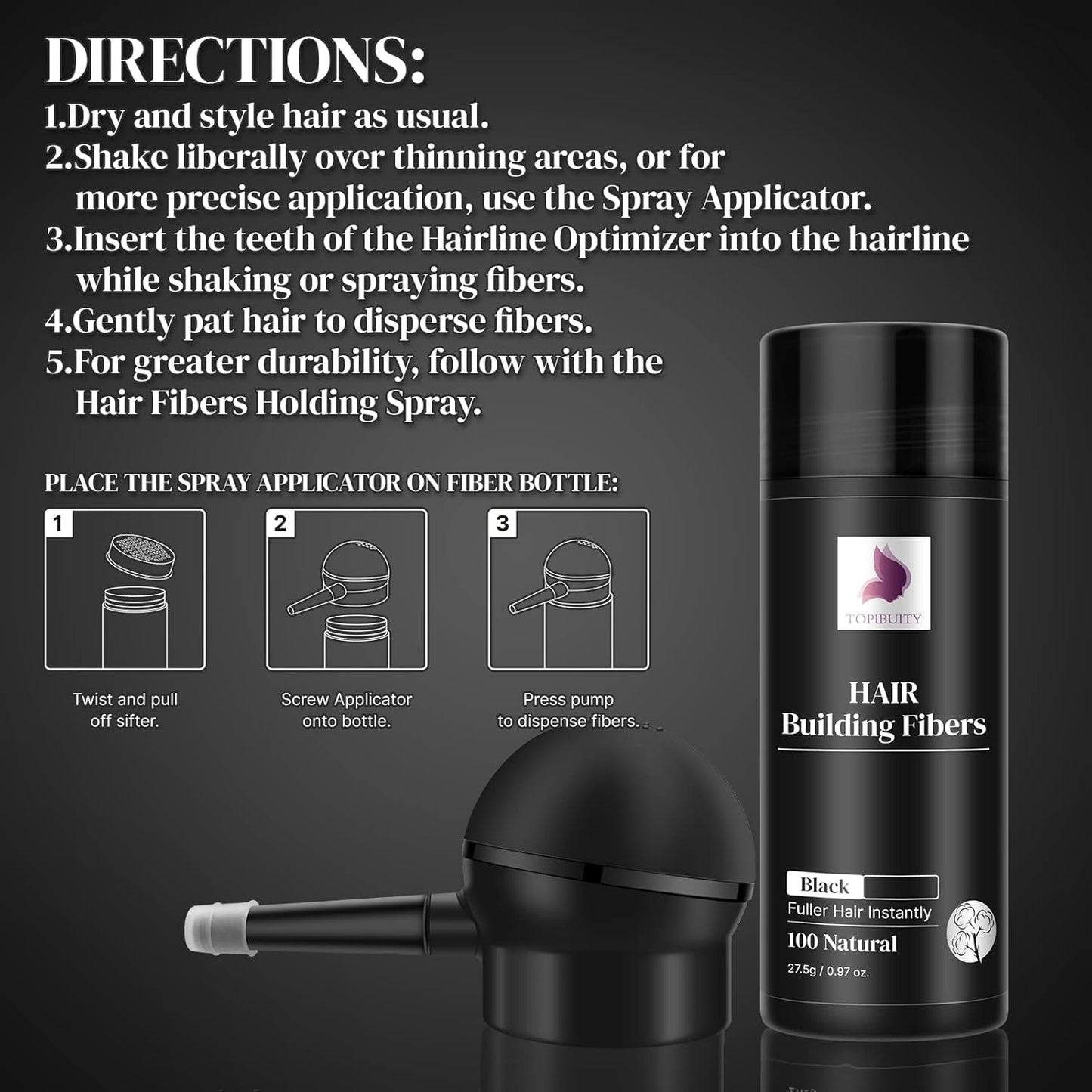 Hair Thickening Fibers & Applicator Set - Natural Long-Lasting Concealer for Fuller Hair, Thicker Beard & Crisp Hairlines (BLACK)