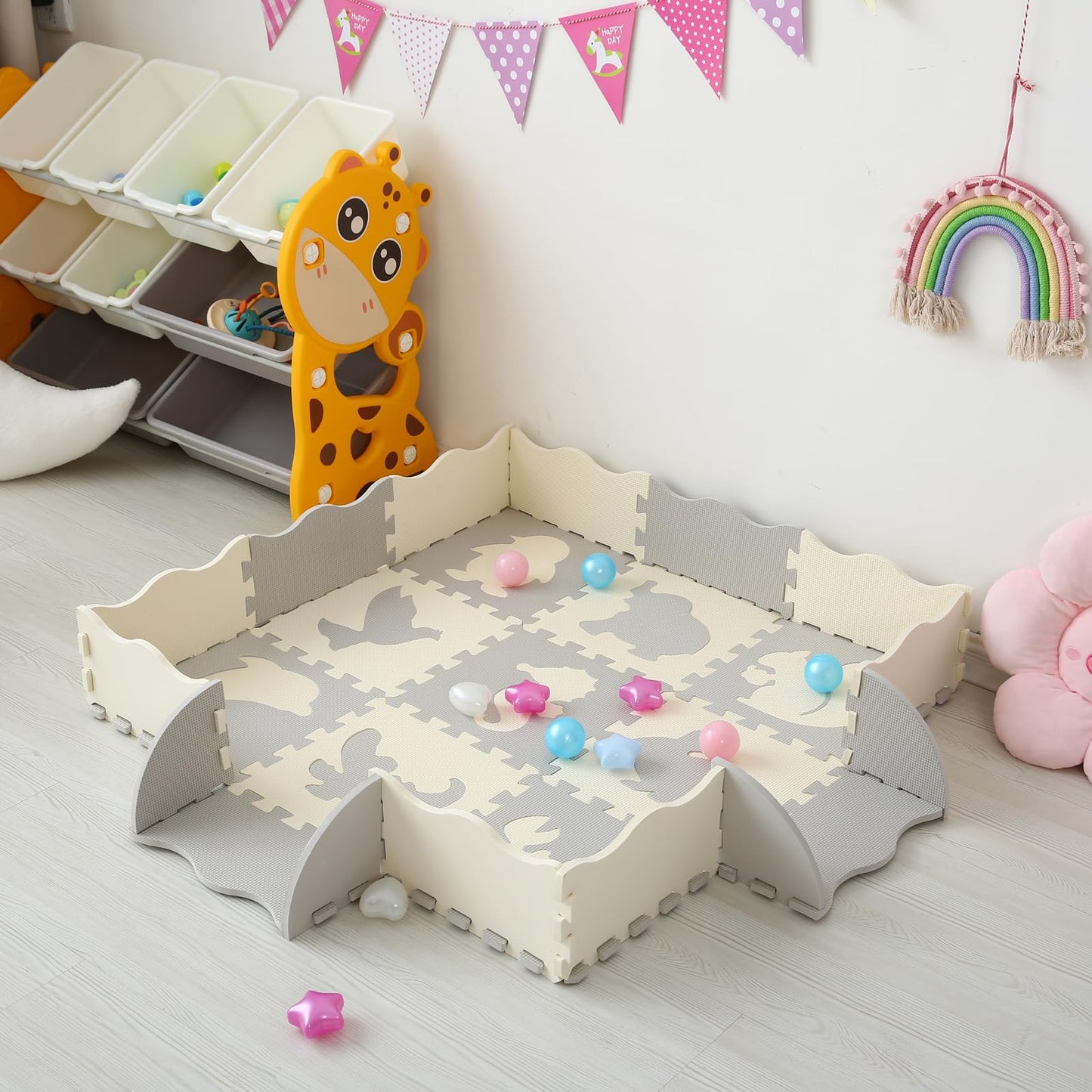 Tamiplay Foam Play Mat for Kids，25Pcs Square Interlocking Puzzle Floor Mat，Baby Play Mat Floor Mat Foam Puzzle Playmat for Toddlers with Fence（Animal-CSH039