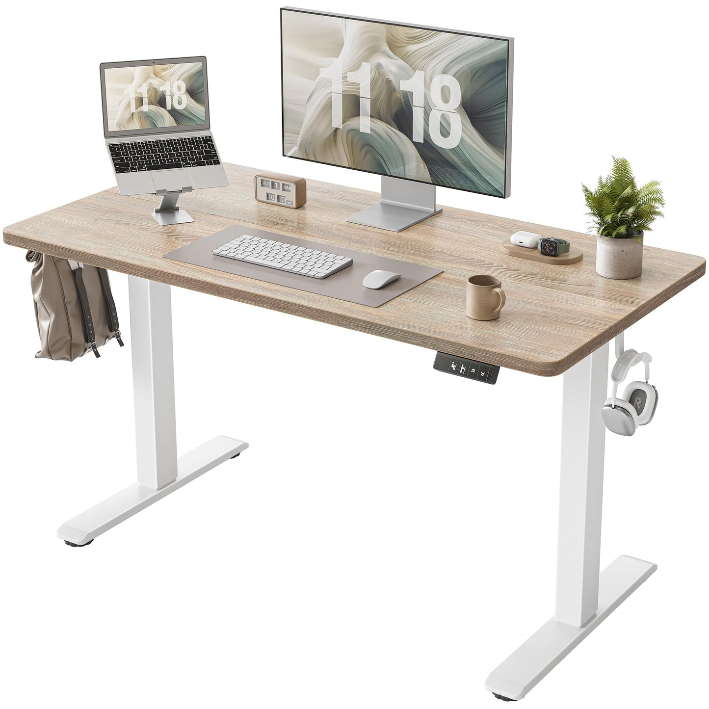 TIQLAB Height Adjustable Electric Standing Desk, 47 x 24 inch, Sit Stand Up Desk, Splice Board, Computer Home Office Desk, White Frame/Maple Top