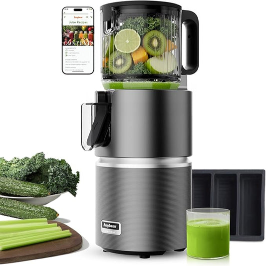 Anybear Cold Press Juicer with 4.9" Large Feed Chute, 350W Masticating Juicer Machines with Dual Slow-Squeezing Technology for Whole Fruits & Veggies with High Yield | BPA-Free Tritan (Grey)