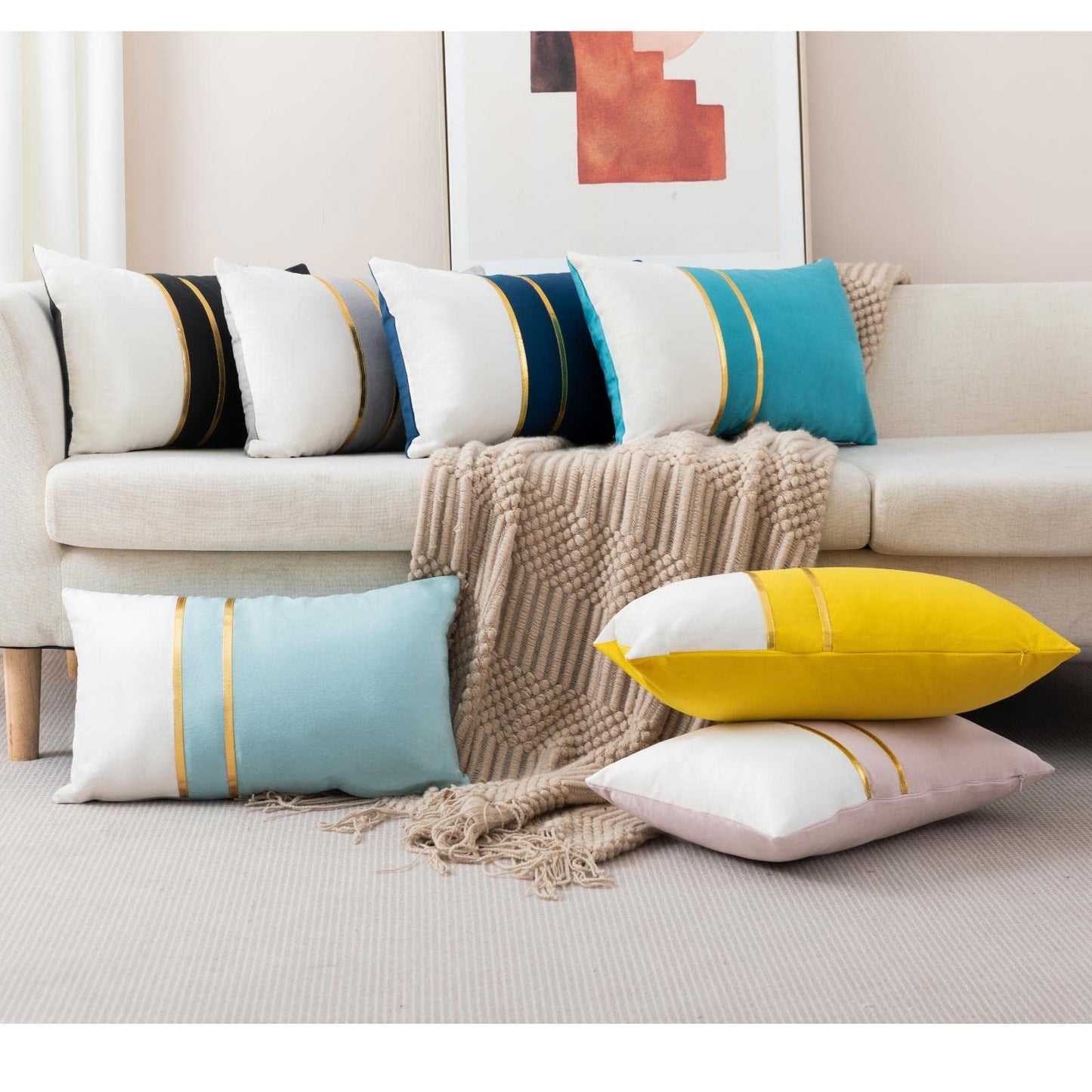 ZLINA Set of 2 Velvet Decorative Throw Pillow Covers Navy Blue White Patchwork with Gold Leather Pillow Covers 18 × 18 Inch Cushion Covers Decor Living Room Sofa Bedroom Car
