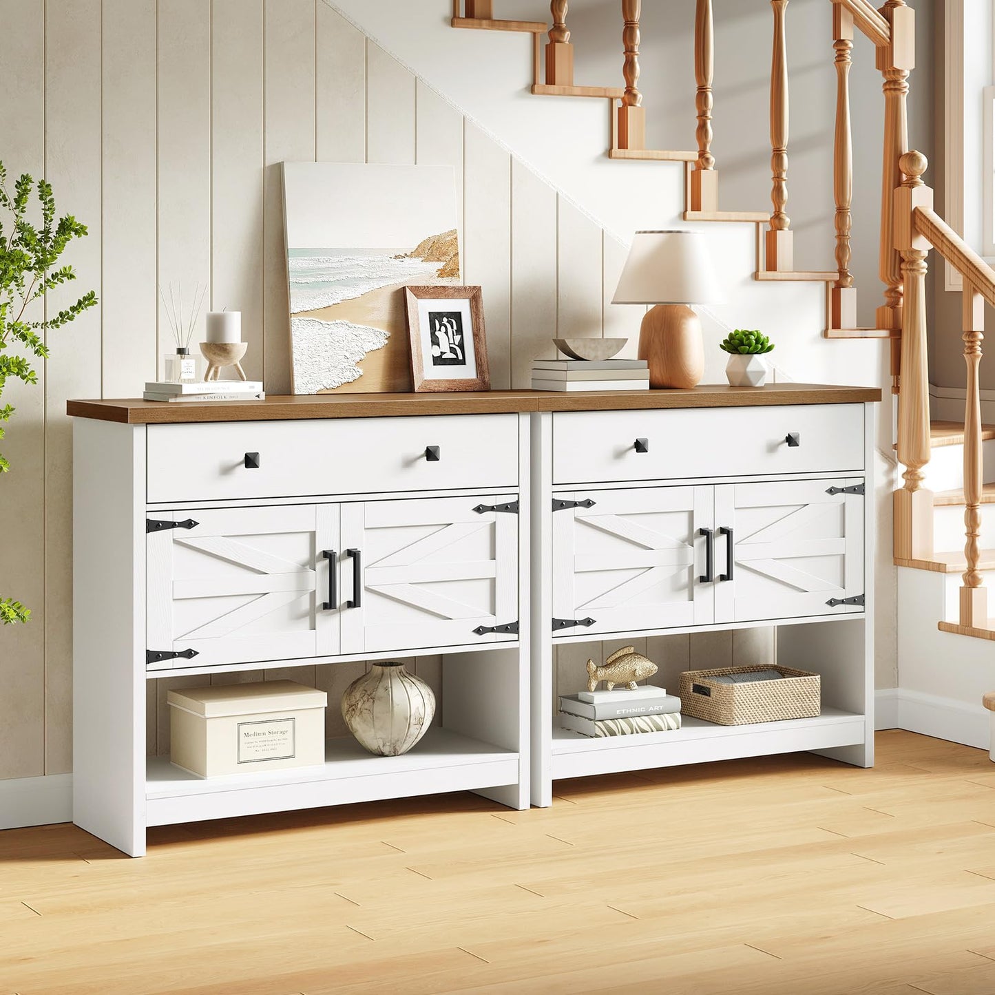 HOOBRO 34.3 Inches Farmhouse Console Table with Large Drawer and 2-Door Cabinet, Entryway Table with Storage, Sofa Table, Coffee Bar, for Entrance, Kitchen, Living Room, Walnut and White WH90XG01