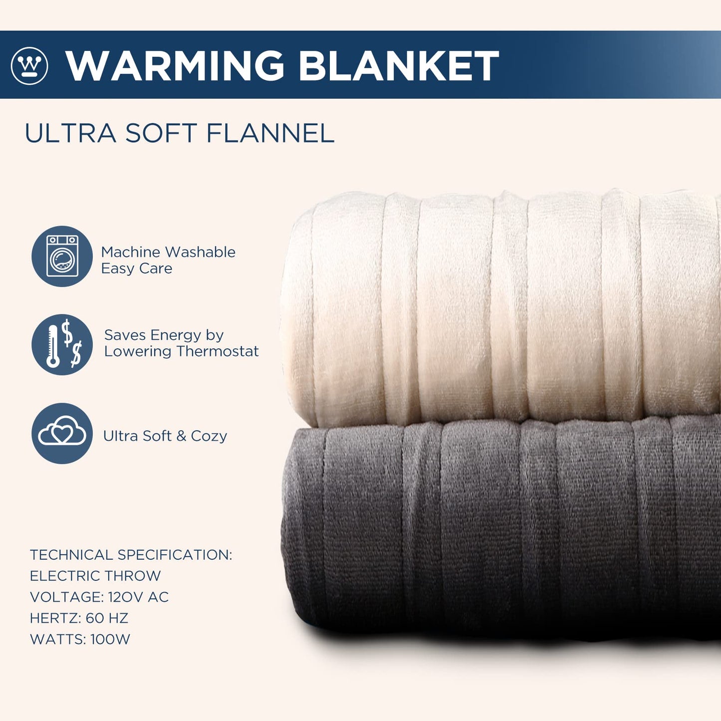 Westinghouse Electric Blanket Twin Size, Super Cozy Soft Flannel 62" x 84" Heated Blanket with 10 Fast Heating Levels & 1-12 Auto-Off, Machine Washable, ETL&FCC Certification, Charcoal