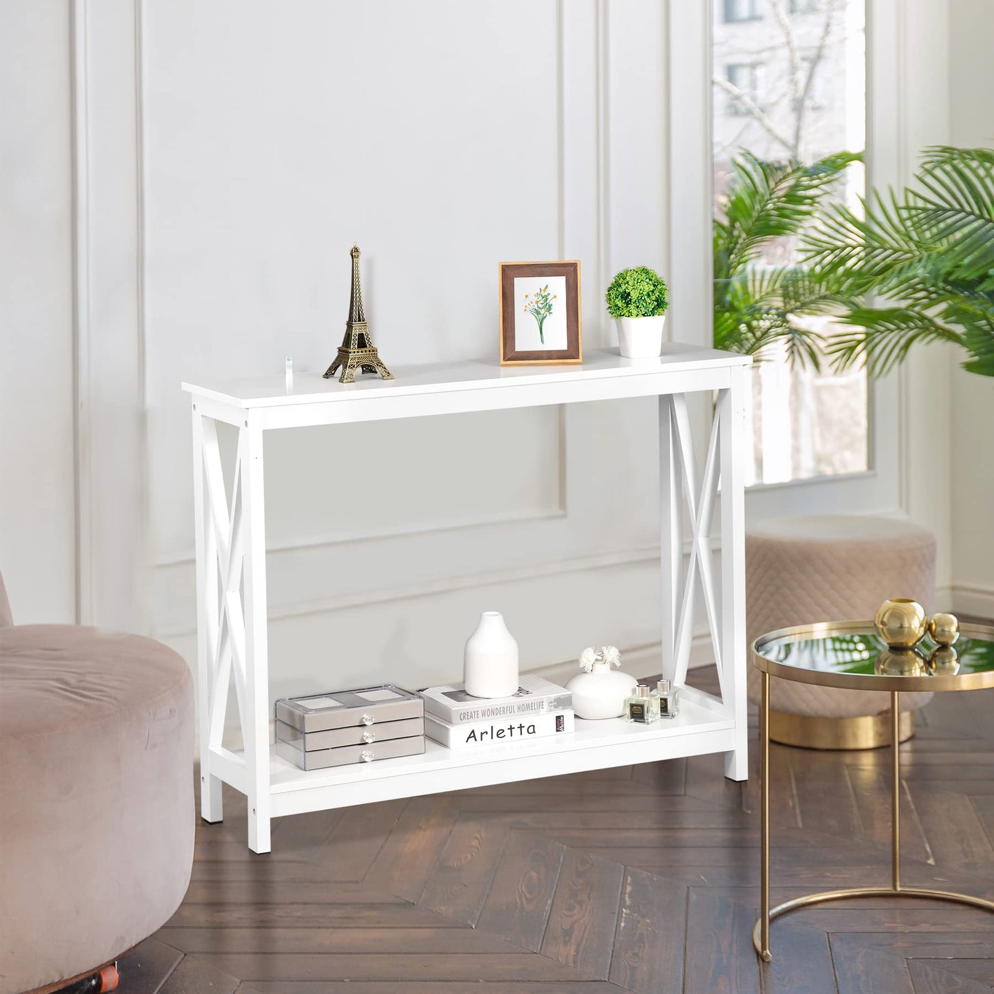 ZENY Console Table, Entryway Table, Narrow Sofa Table with 2-Tier Shelves, Entrance Table for Living Room, Entryway, Hallway, Foyer (White)