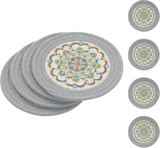 SHACOS 8 Inches Trivets for Hot Dishes, 4 Pieces Cotton and Felt Floral Pattern Trivets Mats for Kitchen, Hot Pads for Countertops, Heat-Resistant Pot Holders for Hot Pots and Pans (Grey, 4pcs)