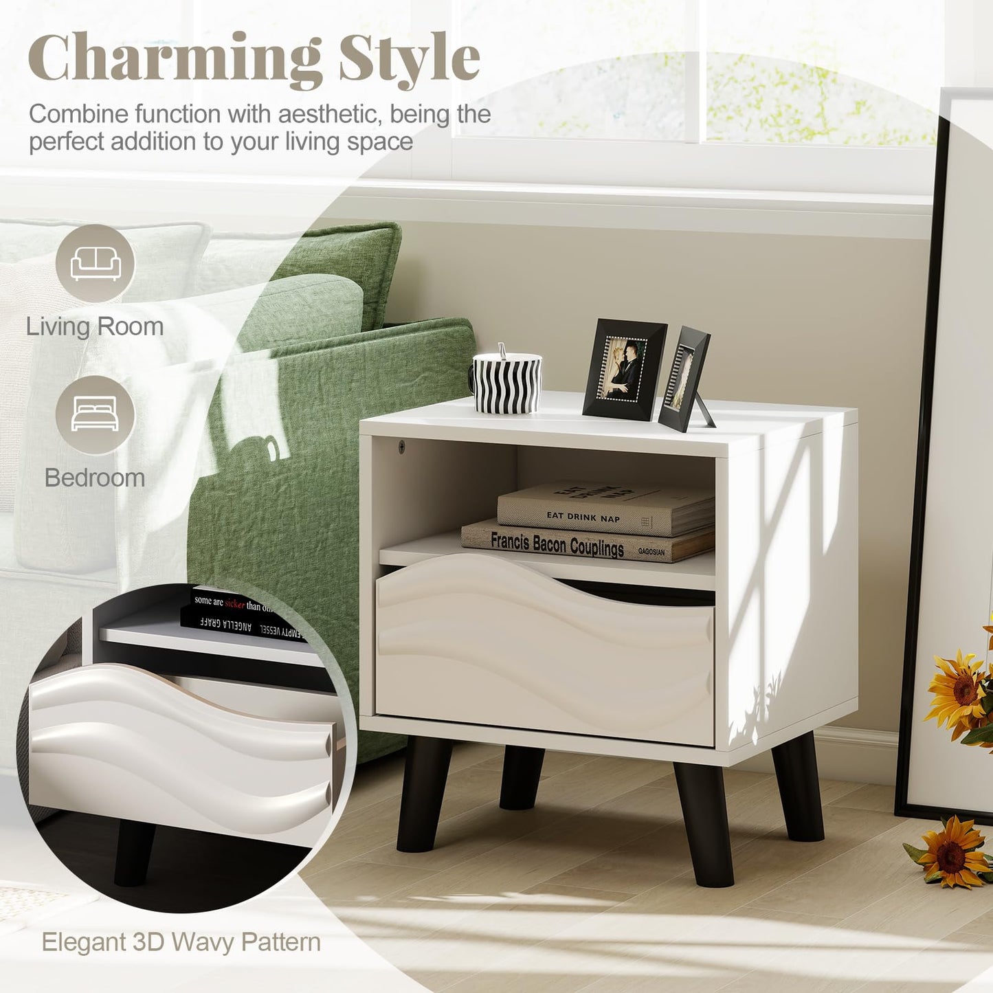 Giantex Mid Century Modern Nightstand, Wood Bedside Table with 3D Wavy Pattern & Open Shelf, Sofa Side Table, Night Stand for Small Space, Bedroom, White