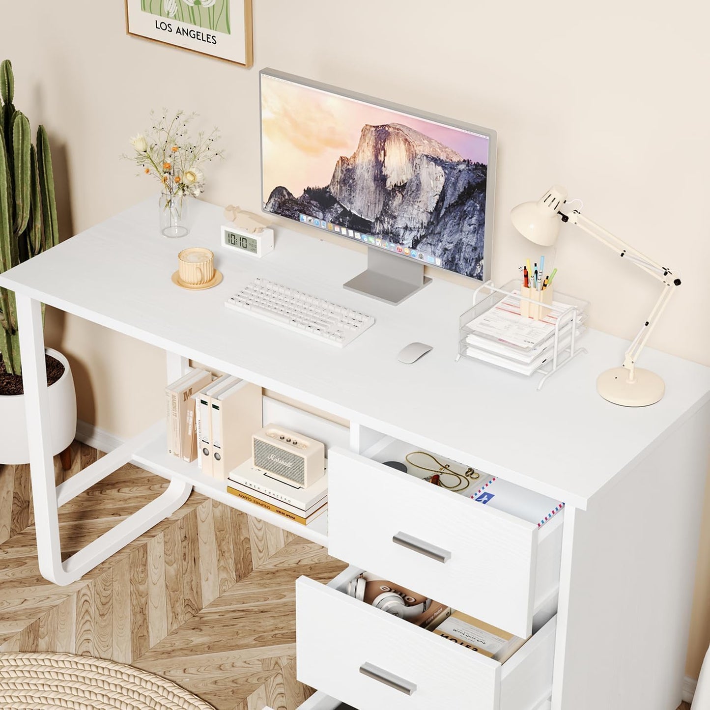 MaverickFurni White Desk with 3 Drawers, 47 Inch Computer Desk with Drawers for Bedroom, Small Home Office Desk with File Cabinet, Bottom Shelves for Small Spaces