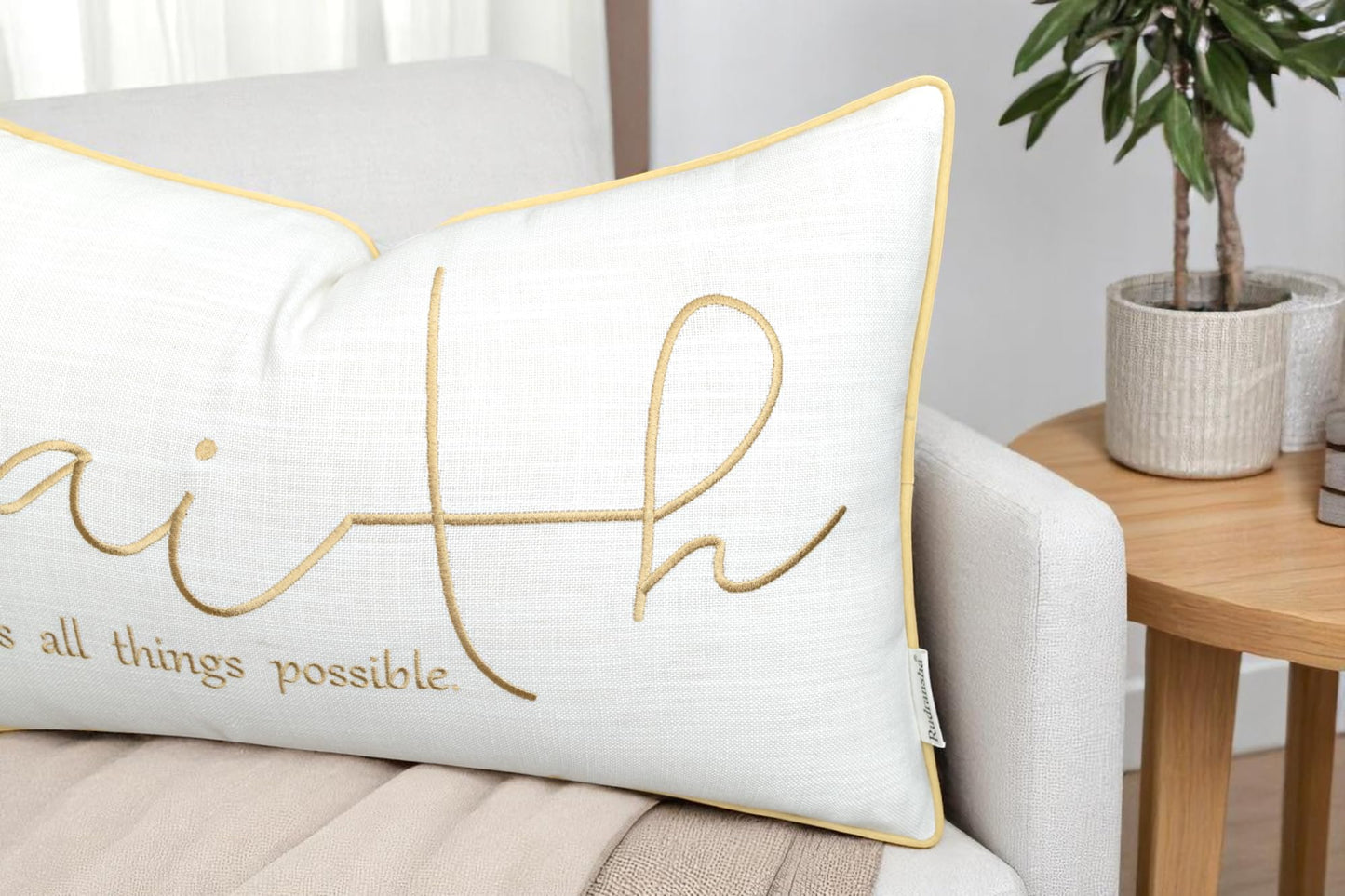 Rudransha 12x20 Faith Lumbar Pillow Cover - Embroidered Quote Design - Decorative Throw Pillow for Couch, Sofa, Bedroom, Entryway, Bench - Religious Home Decor Gift - Ivory
