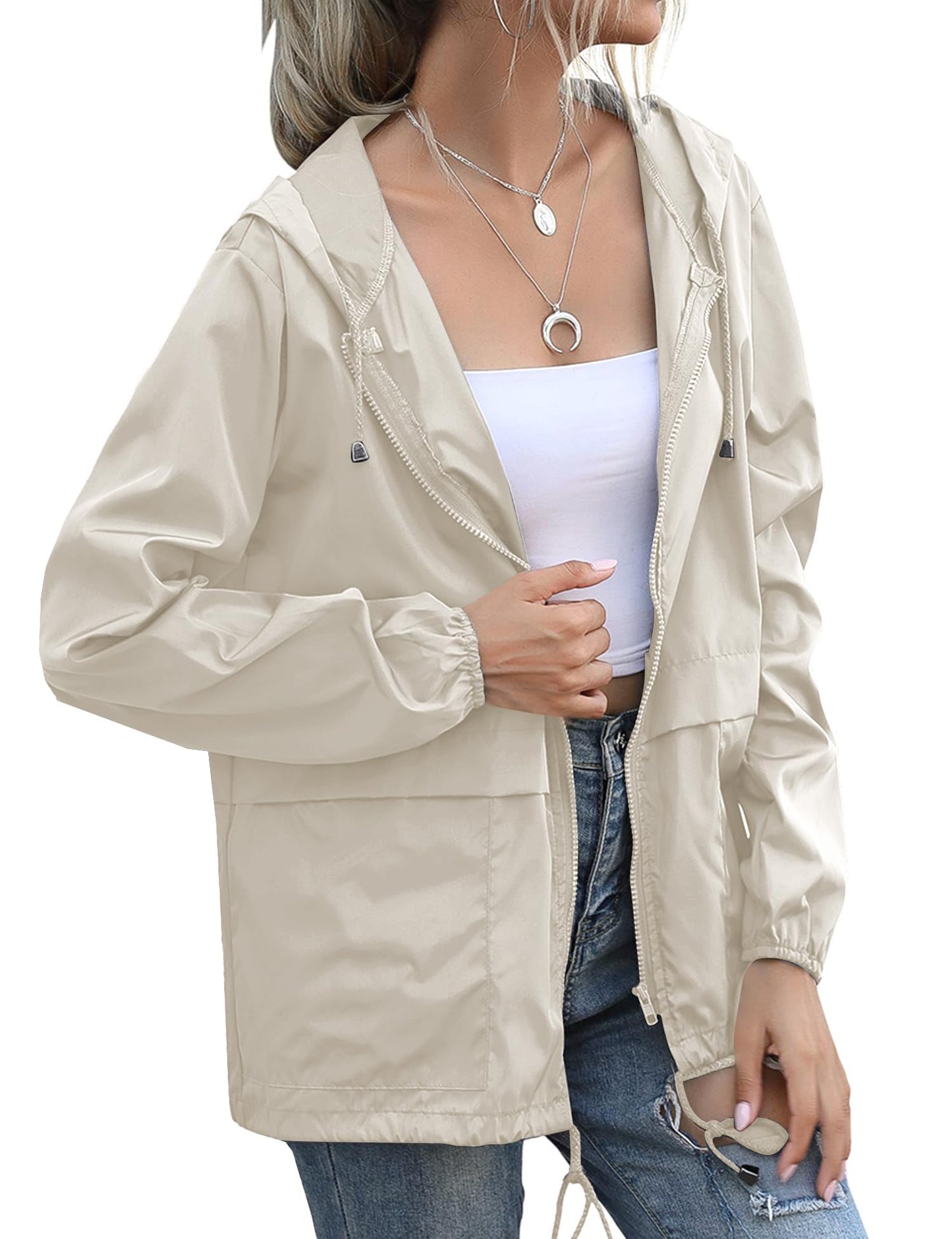 JMinger Packable Rain Jacket Women Lightweight Waterproof Raincoat Packable Hooded Outdoor Windbreaker Beige L
