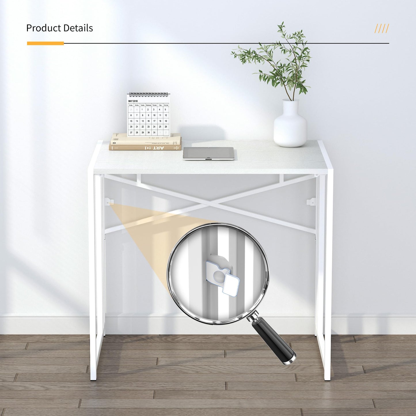 Lutown-Teen Small Folding Desk 32 inch, No Assembly Required Small Office Desk, Writing Gaming Computer Camping Desk, White