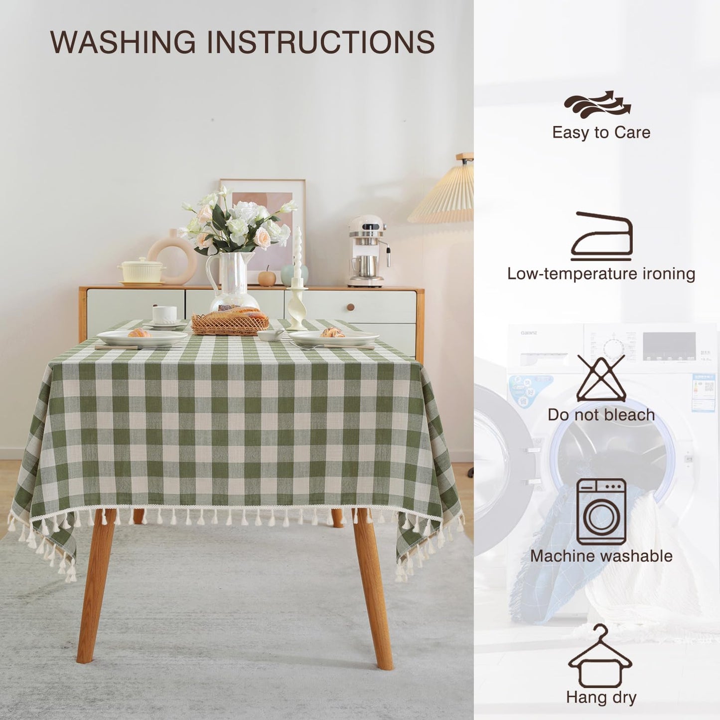 JIALE Spring Checkered Table Cloth Rectangle Cotton Linen Fabric Gingham Tablecloth with Tassel Washable Wrinkle Free Buffalo Plaid Table Cover for Picnic Kitchen Dining, Green, 55x75''