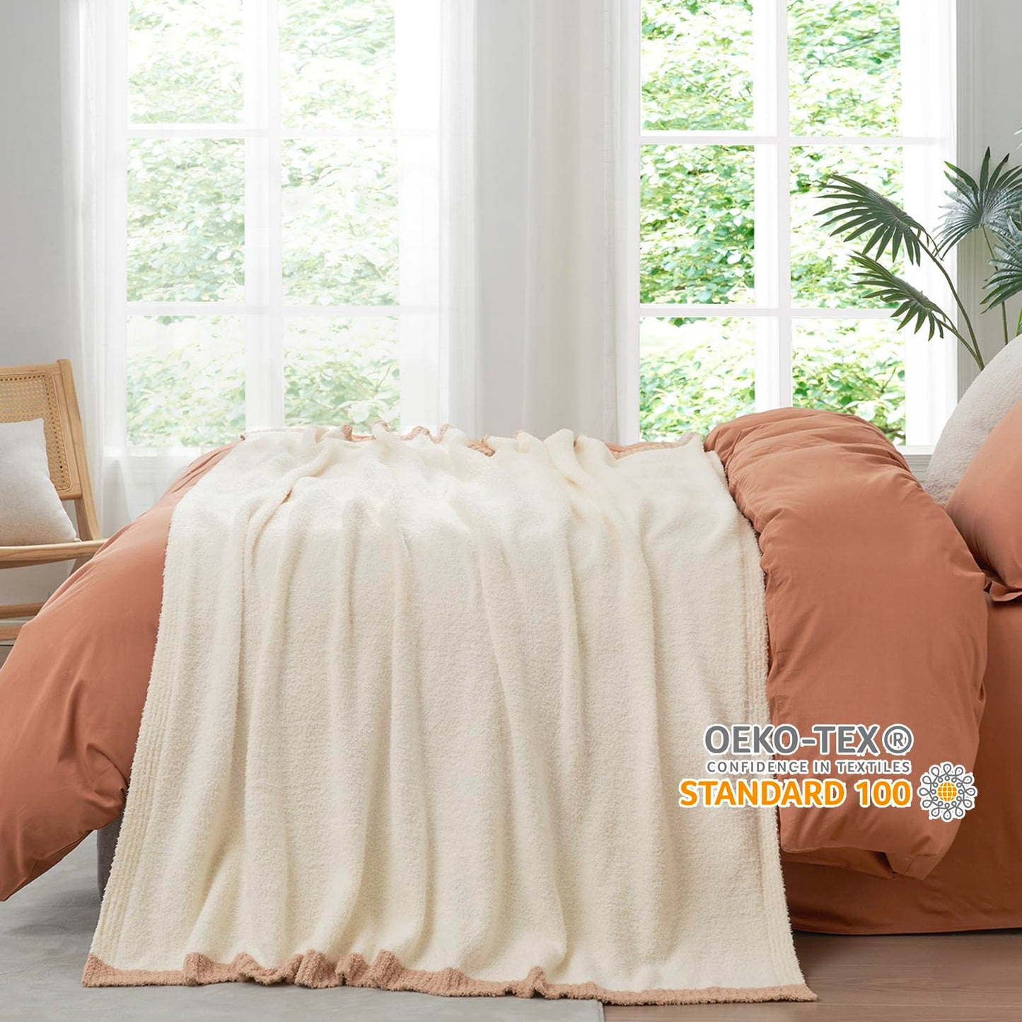 Snuggle Sac Ultra Soft Throw Blanket for Couch Bed Sofa 50x60 inches, Reversible Cream Blanket Microfiber Fluffy Fuzzy Cozy Knit Throws for Women Mothers Birthday Gifts
