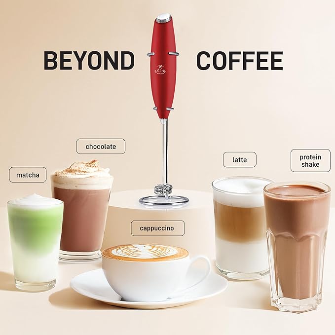 Zulay Kitchen Powerful Double Whisk Milk Frother Handheld - Foam Maker With Stand - Whisk Drink Mixer for Coffee, Mini Foamer for Latte, Matcha, Frappe, Hot Chocolate & Cappuccino (Cardinal Red)