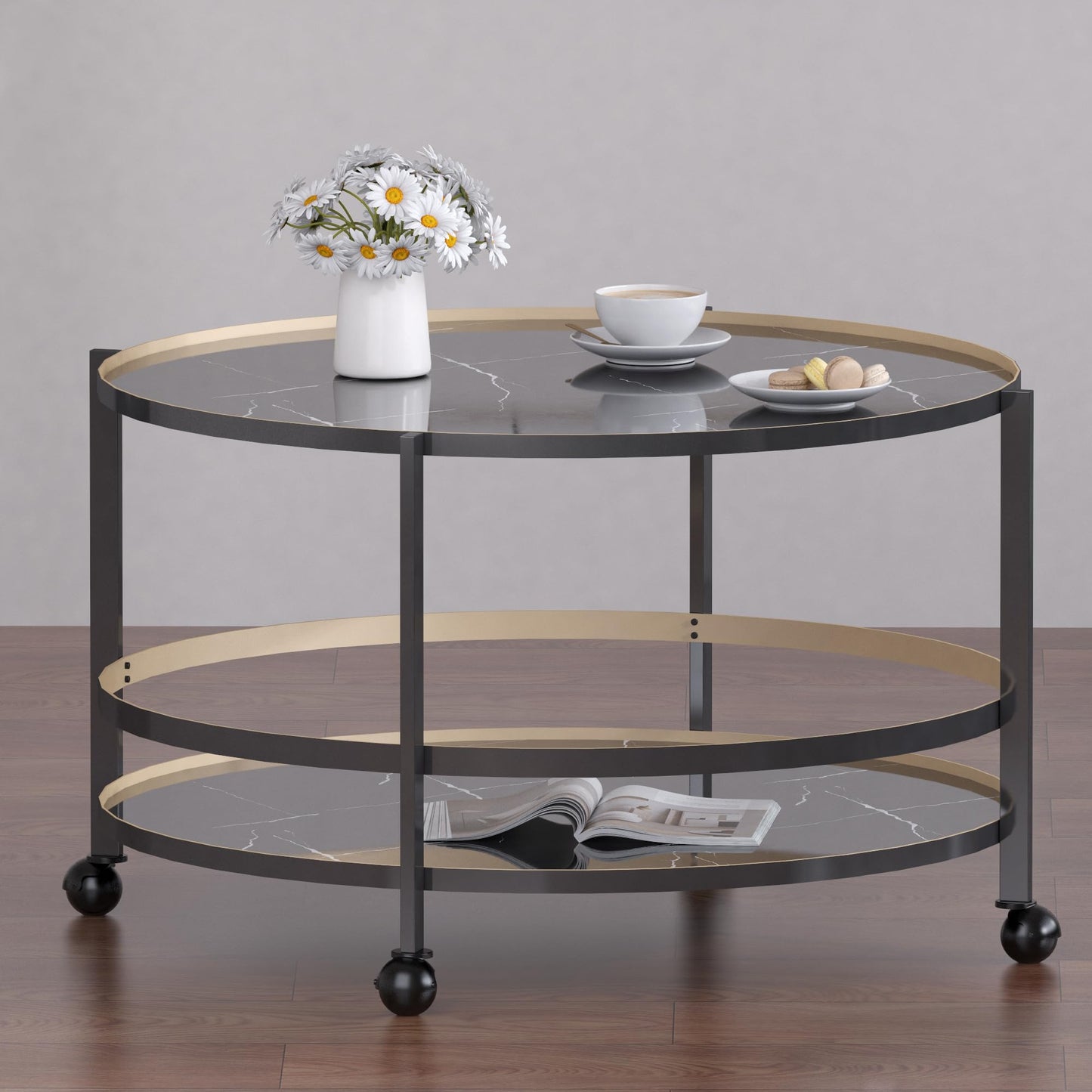 DYZAIMAX Round Coffee Table with Wheels & 2-Tier Design Black Marble-Textured Top, Sturdy Metal Frame & Premium Baked Paint Finish for Living Room, Balcony, Home - Easy Assembly - 31.5"x19.7"