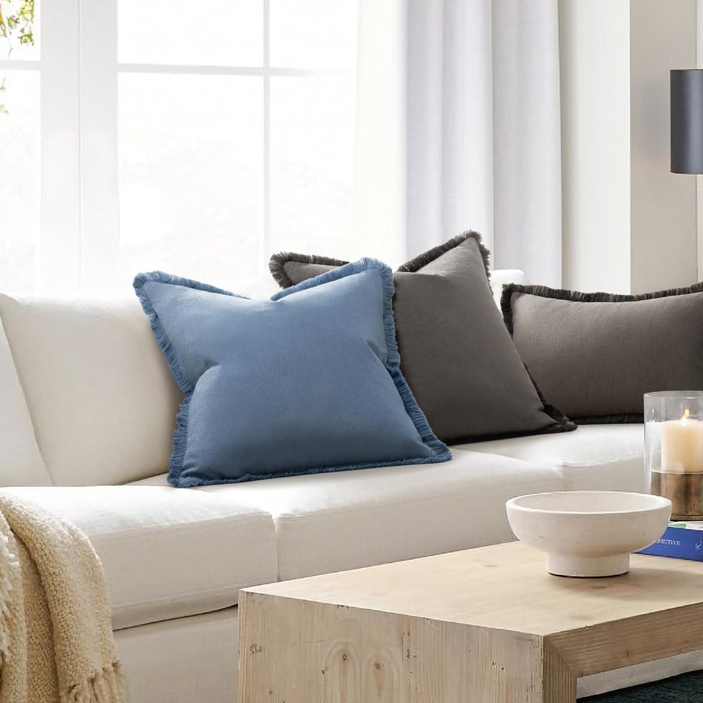 ZWJD Pillow Covers 18x18 Set of 2 Blue Throw Pillow Covers with Fringe Chic Cotton Decorative Pillows Square Cushion Covers for Sofa Couch Bed Living Room Farmhouse Boho Decor