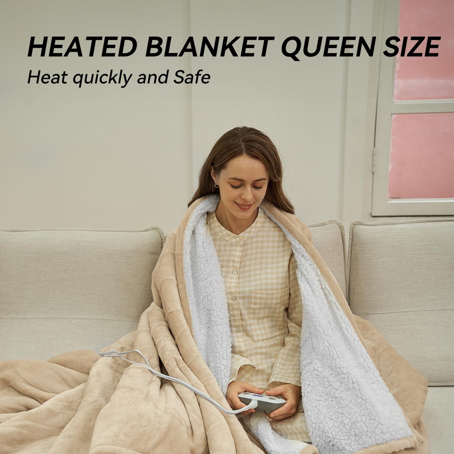 Heated Electric Blanket Queen Size 84"x90" Anti-Static Flannel and Sherpa Heating Warming Blanket with 10 Heating Levels 12 Hours Auto Off Fast Heating Over-Heat Protection Beige