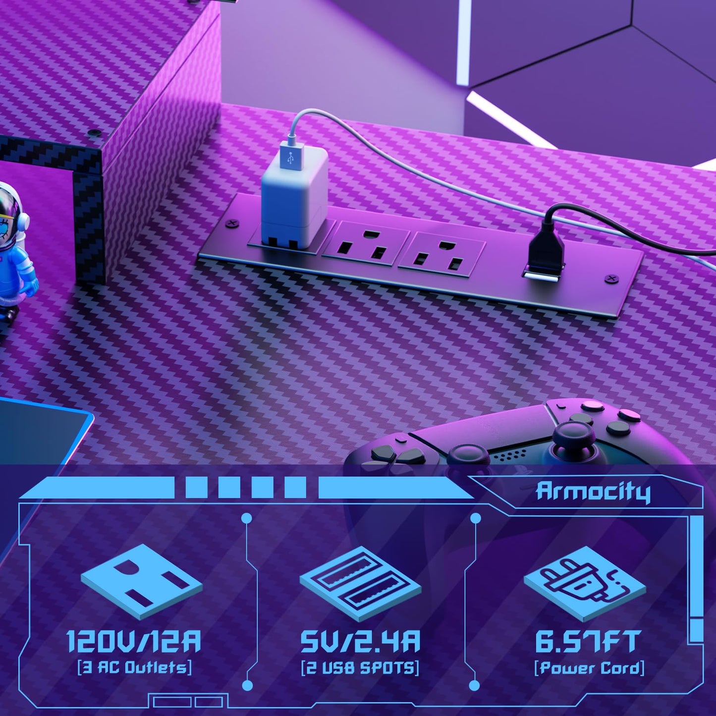 Armocity Gaming Computer Desk with Hutch and LED Lights, 53'' Black Gaming Desk with Storage Shelves, Reversible PC Gamer Desks with Pegboard, Ergonomic Desk for Bedroom, Carbon Fiber Surface