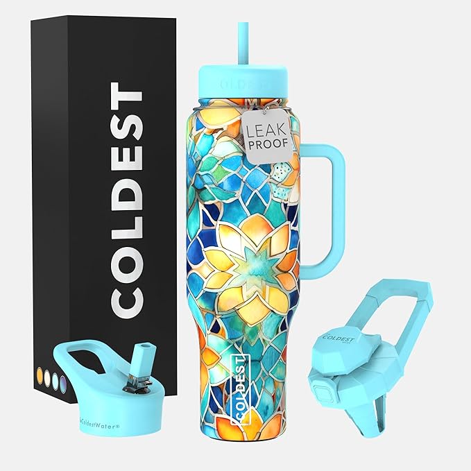 Coldest Tumbler with Handle and Straw, 100% Leak Proof Insulated Tumbler with Lid and Straw (3 Lids), Stainless Steel Tumblers for Women & Men, Cup Holder Friendly, 46 oz (Morrocan Vibes)