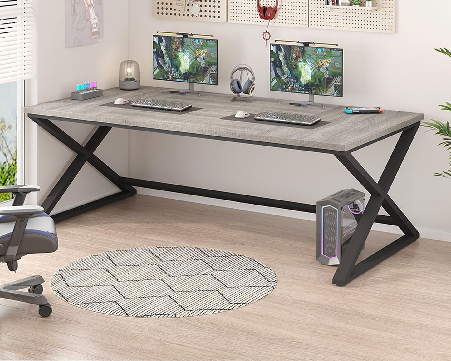 IBF Large Home Office Computer Desk, Industrial Long Work Study Writing Desk, Simple Executive Conference Table for 2 Person, Wood Metal Double Pc Gaming Workstation in Bedroom, Light Grey Oak, 70 in