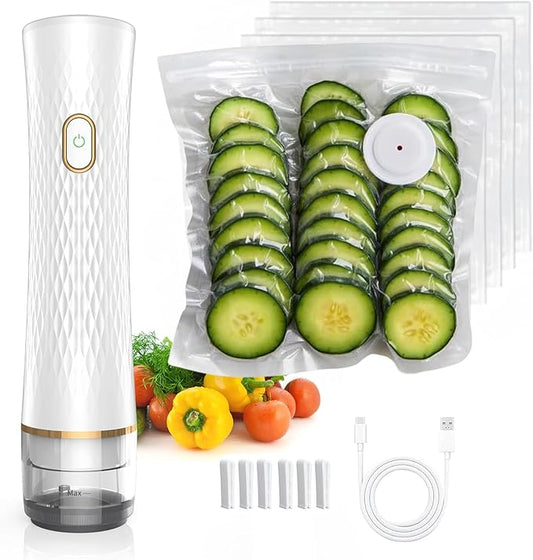 Vacuum Sealer for Food – Keeps Food Fresh up to 10× Longer, Cordless & rechargeable & strong suction for storage & sous vide(Handheld Vacuum Sealer + 10 Reusable Vacuum Bags)