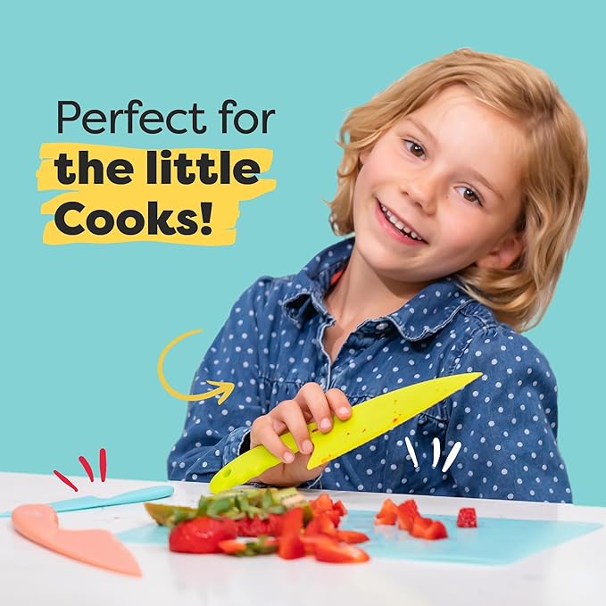 Baketivity 3 Piece Kids Knife Set | Plastic Kids Safe Knives for Kitchen | Toddler Knife Set for Real Cooking | Dishwasher Safe, Kid Friendly Safe Knives Set for Cutting Fruits, Veggies, Cakes