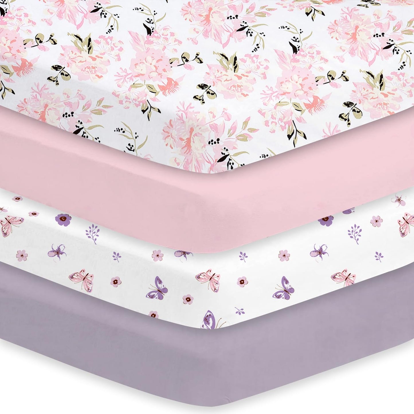 Little Grape Land Crib Sheets Girl 4 Pack, Baby Crib Sheets for Standard Crib & Toddler Mattress, Super Soft Breathable Crib Sheet Set for Girls, Floral & Butterfly