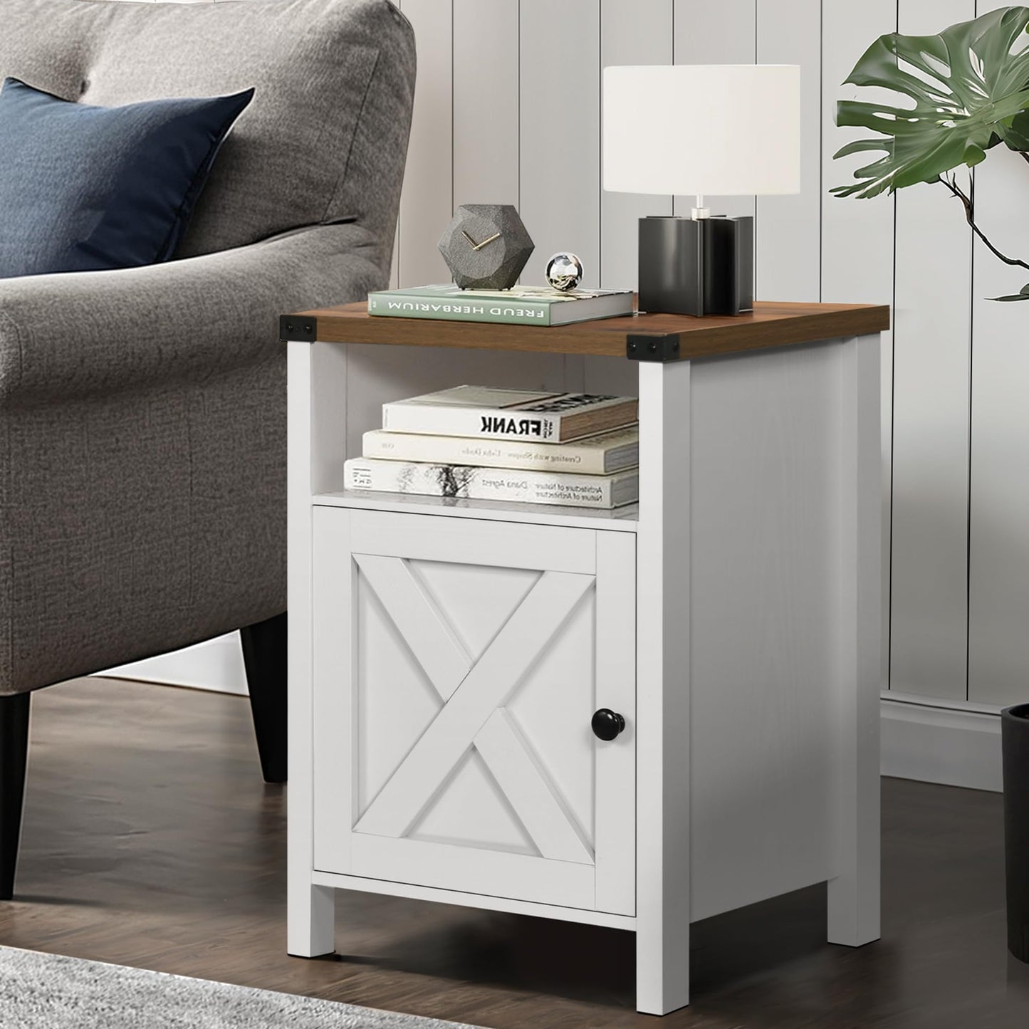 Catrimown Farmhouse End Table, Nightstand Set of 2, Rustic Night Stand with Barn Door and Storage Shelf, White End Table, Side Table for Bedroom Living Room, White
