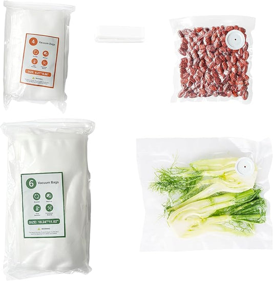 Vacuum Storage Bags Set, 10 Reusable BPA-Free Food Vacuum Sealer Bags with 6 Large (10.23"x11.02") and 4 Medium (8.26"x8.66") Sizes, Triple-Seal Leak-Resistant Design, Includes 2 Sealing Clips