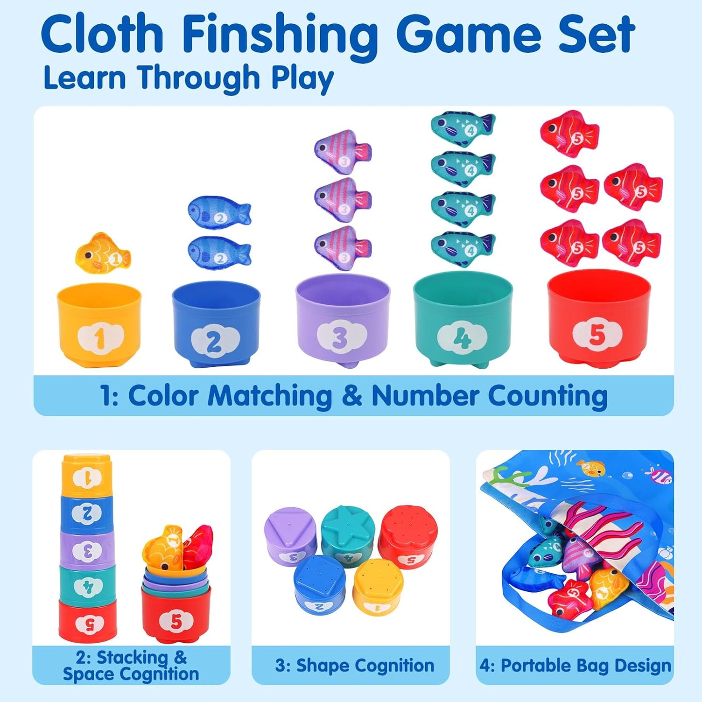 Montessori Toys for 1 Year Old - Cloth Fishing Game Baby Toys 6-12 12-18 Months with Stacking Cups - Sorting Learning Toddler Toy Age 1-2 - Babies First Birthday Gifts for 1 2 3 Year Boy Girl