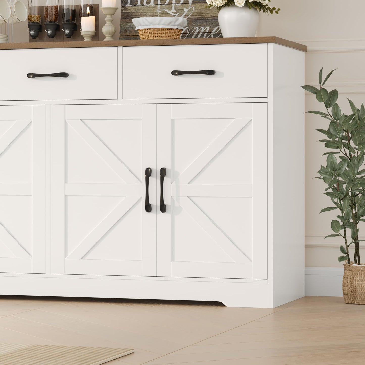 HOSTACK 59" Large Buffet Cabinet with Storage, Farmhouse Sideboard Buffet Cabinet with 3 Drawers, Wood Kitchen Coffee Bar with Doors and Shelves, Long Sideboard Kitchen Table for Dining Room, White