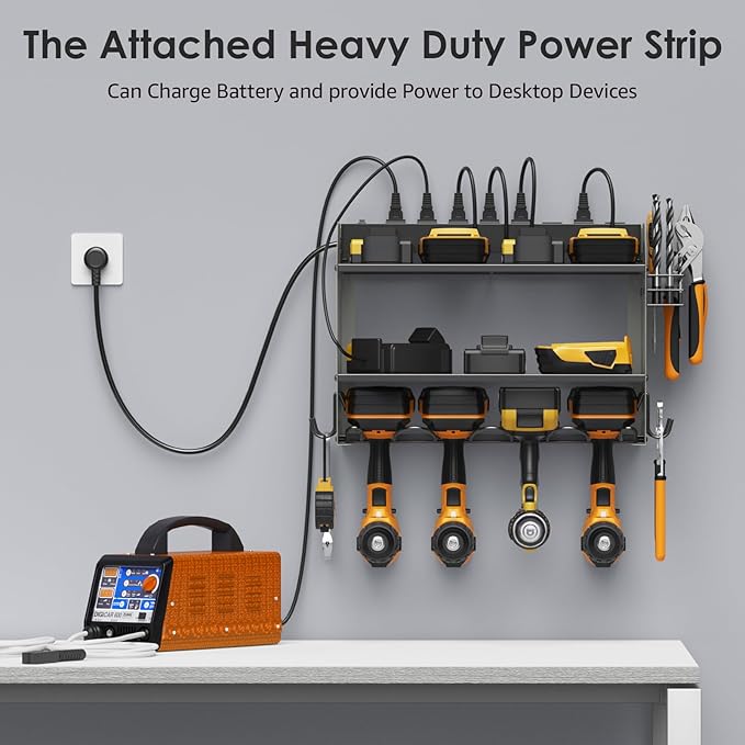 CCCEI Modular Power Tool Organizer Wall Mount with Charging Station. Garage Drill Storage Shelf with Hooks, Heavy Duty Rack, Tool Battery Holder Built in 8 Outlet. Gift for Men. Grey, 2 Pack.