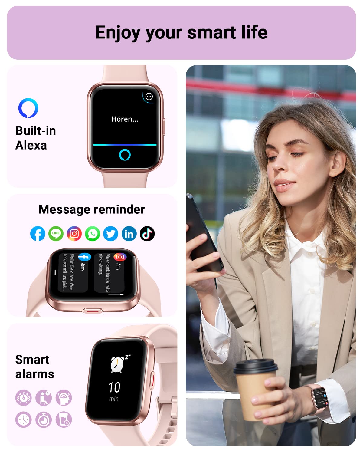 Smart Watch for Women Android & iPhone, Alexa Built-in, 1.8" Touch Screen Fitness Tracker with Answer/Make Calls, IP68 Waterproof Heart Rate/Sleep/SpO2 Monitor, Pedometer, 100+ Sport Modes