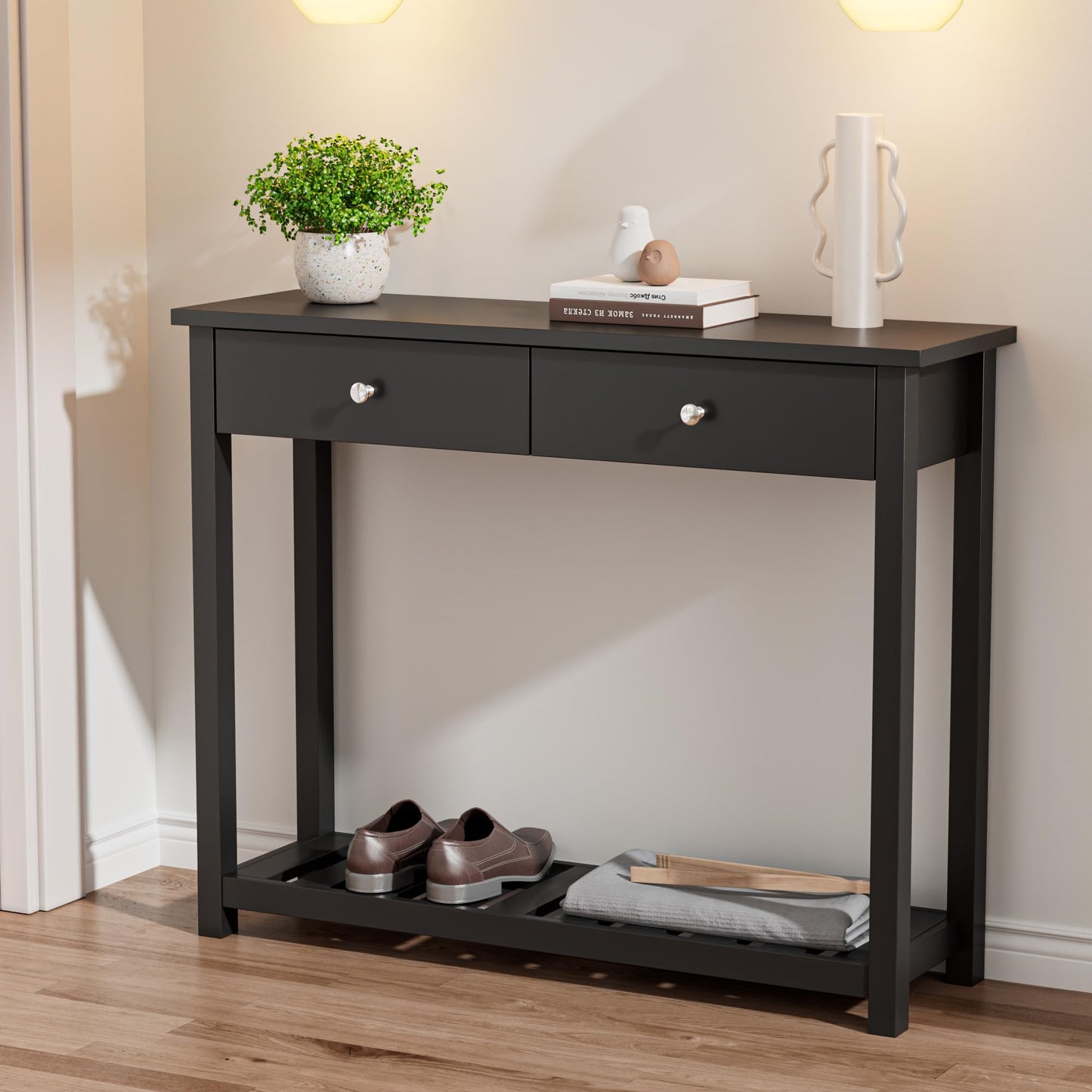 Ludatido Black Console Table with 2 Drawers, Entryway Table with Storage Shelf, 40" Modern Narrow Foyer Sofa Table for Living Room, Entrance, Hallway, Bedroom, Black