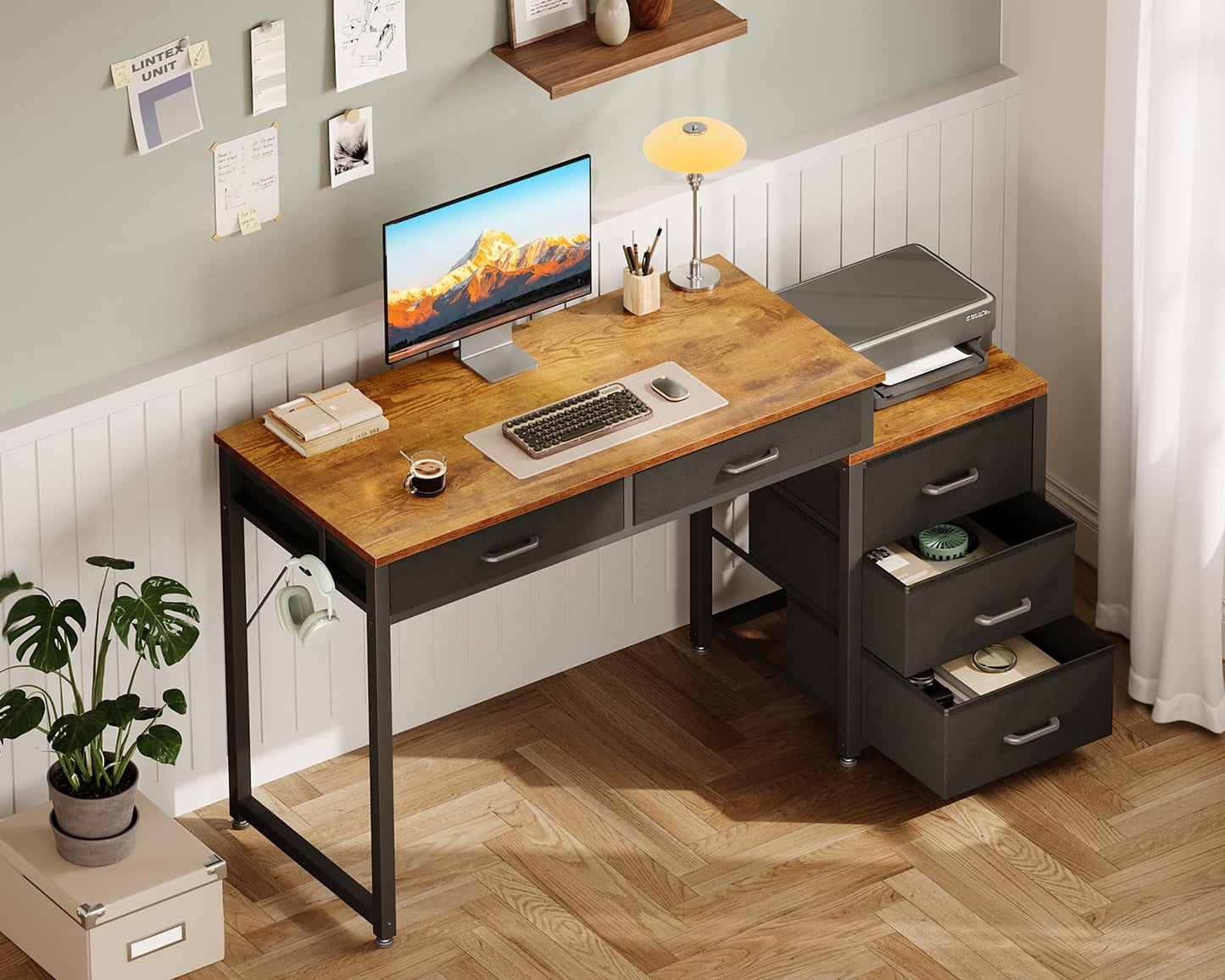 ODK Computer Desk with 5 Drawers, 53 Inch Office Desk with Printer Shelf, Reversible Work Desk for Home Office, Study Writing Table Desk with Drawers for Storage, Rustic Brown