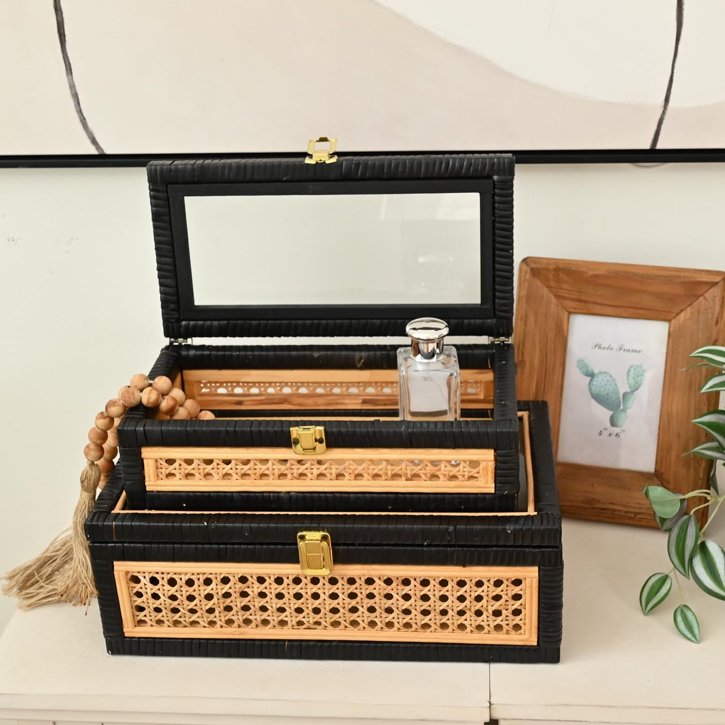 DECOR4SEASON Cane and Rattan Decorative Storage Boxes with Lids - Elegant Set of 2, Stacking Boxes with Glass Top, Handcrafted Rustic Charm for Home Organization (Rattan&Black, 14.1"x8.2"5.1")