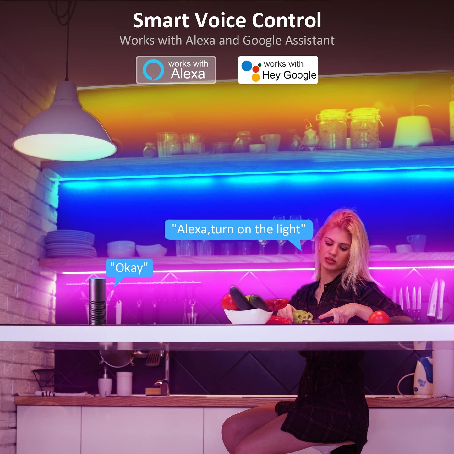 maylit 10 PCS Smart RGB Under Cabinet Lights Kit, Compatible with Alexa and Google Assistant, App and Remote Control, Music Sync Color Changing, Timer, Dimmable, for Cabinet, Counter, Shelf, Bookcase