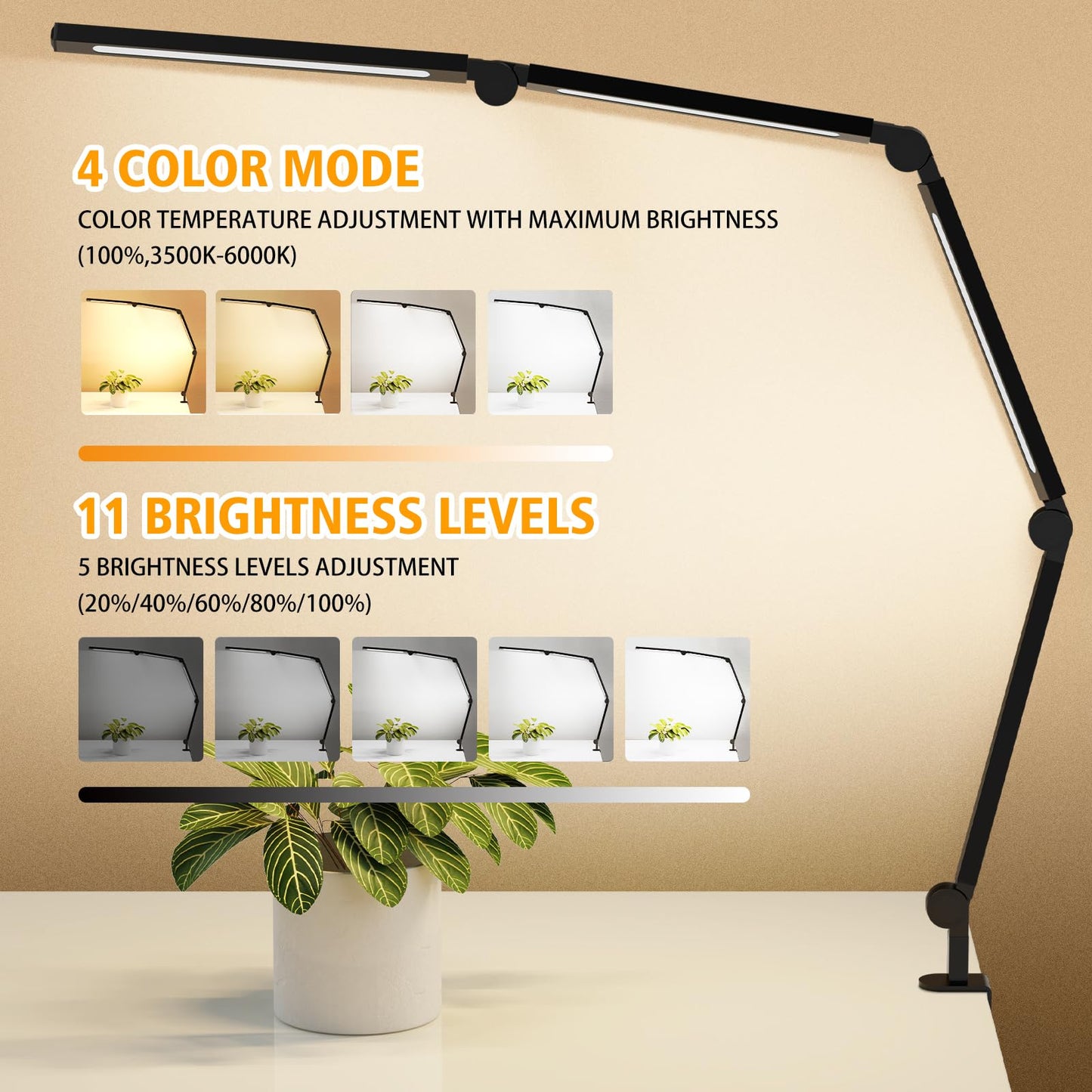 LED Desk Lamp with Clamp,Adjustable Swing Arm Desk Lamps for Home Office,Dimmable Tempering Eye Care Desk Light Bright Modern Led Table Lamp for Nail Tech Architect,Flexible Tall Task Table Light