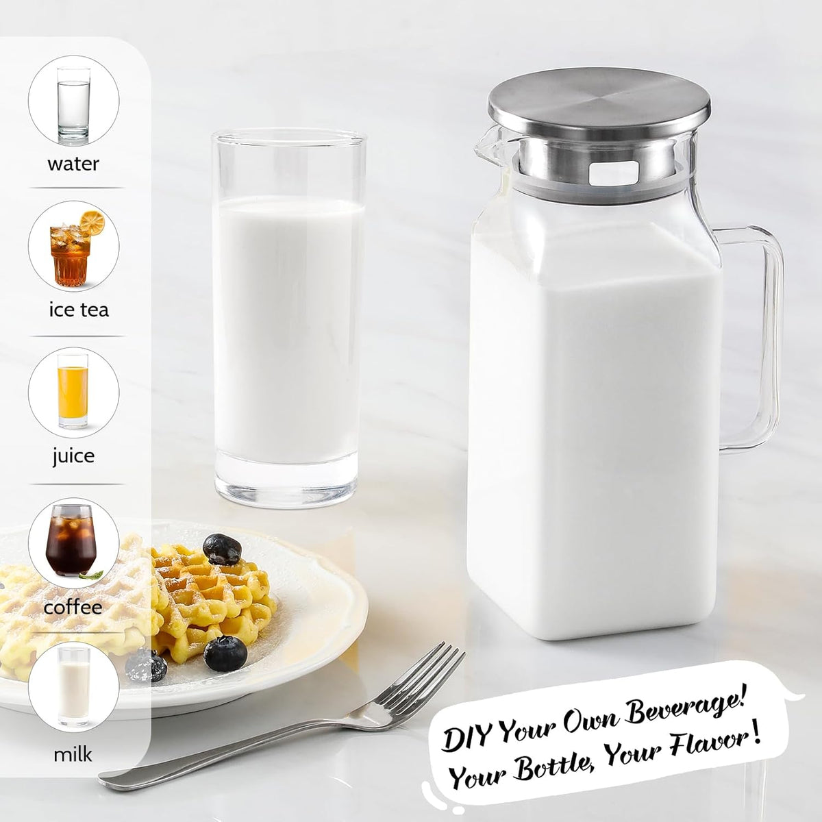 40 oz,1.2Liter Square Glass Pitcher with Lid and Spout, Breast Milk Pitcher with Handle for Fridge, Borosilicate Glass Carafe for Hot/Cold Drink, Small Jug for Iced Tea, Coffee,Water Storage Container