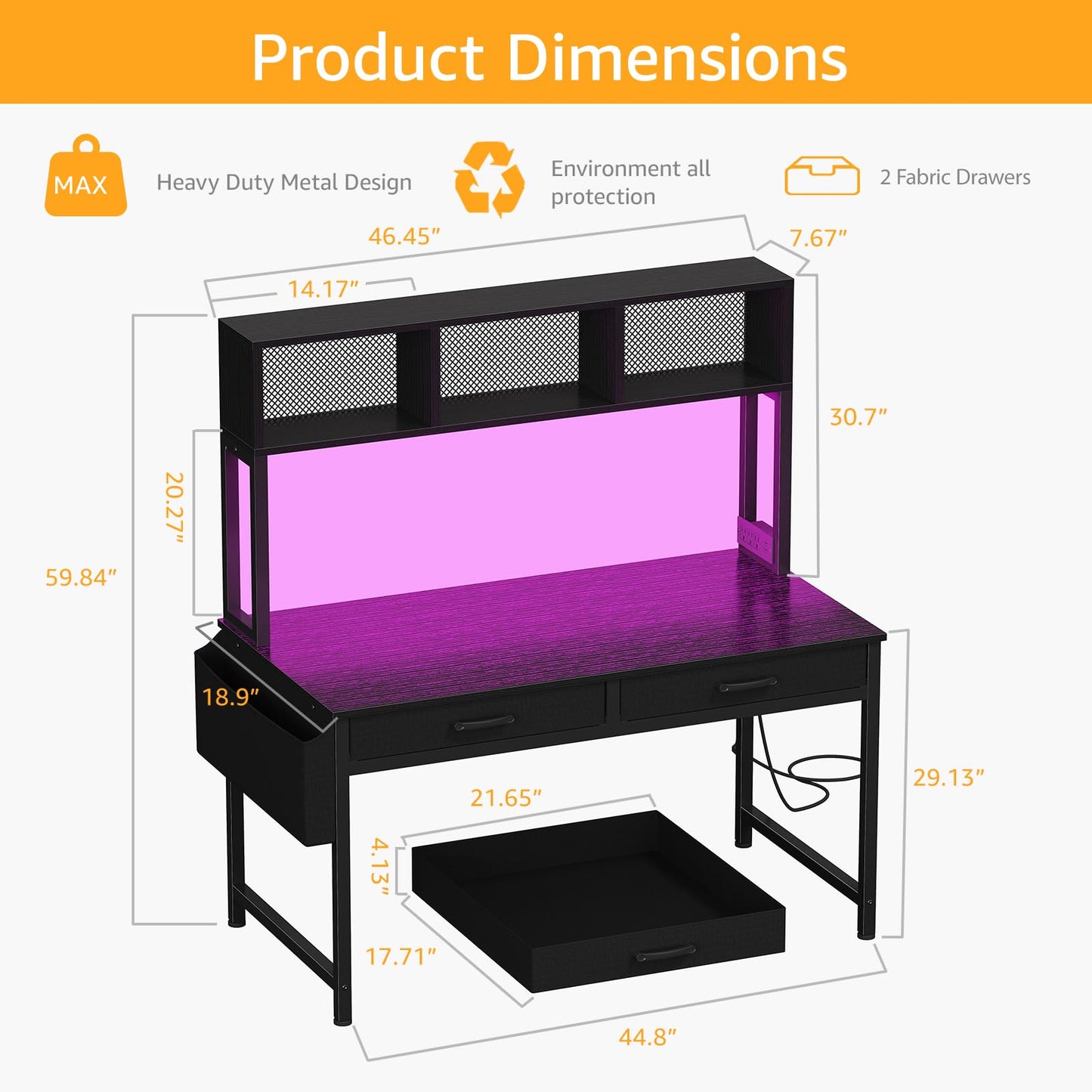 Black Gaming Desk with Hutch and Shelves - Gaming Computer Desk with 2 Storage Drawers, LED Light and Power Outlets, 47 Inch Working Modern Writing Study Desks for Bedroom Home Office