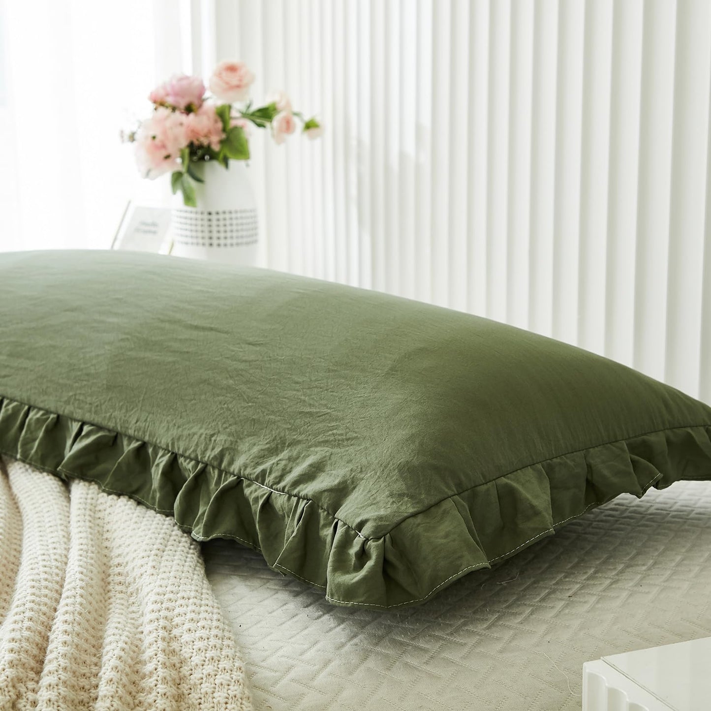 Shabby Chic Olive Green Body Pillow Cover - 20x54in Long Pillowcase with Ruffled Fringe Decor
