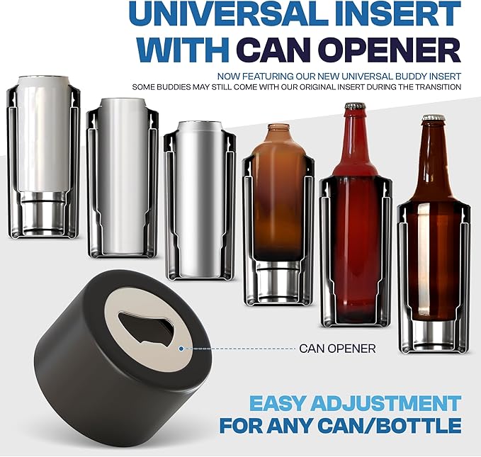 Frost Buddy Universal Buddy Can Cooler - Fits All - For Regular 12 & 16 oz or Slim-Size Bottles - Insulated Double-Walled Stainless Steel (Texastea)