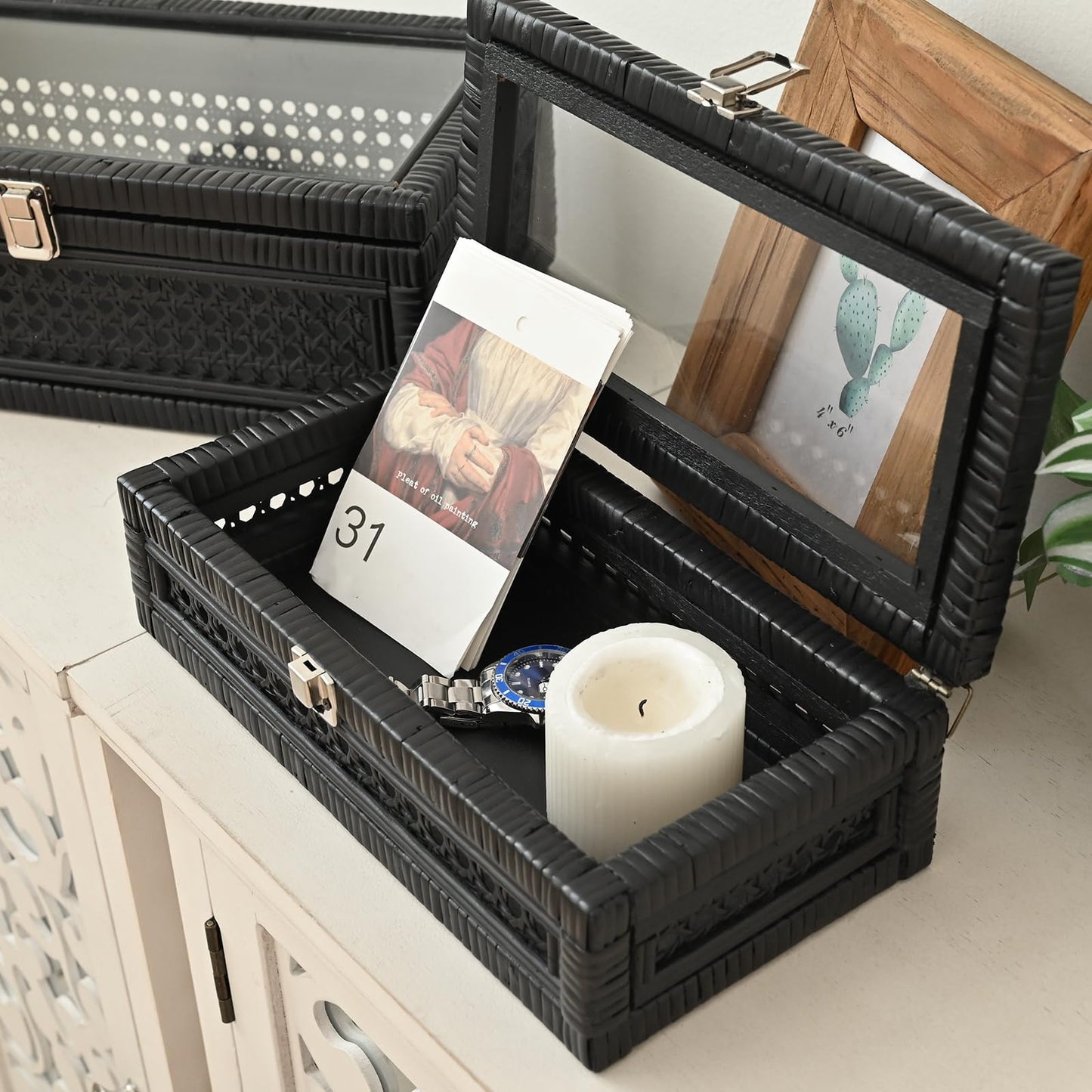 DECOR4SEASON Cane and Rattan Decorative Storage Boxes with Lids - Elegant Set of 2, Stacking Boxes with Glass Top, Handcrafted Rustic Charm for Home Organization (Black, 14.1"x8.2"x5.1")