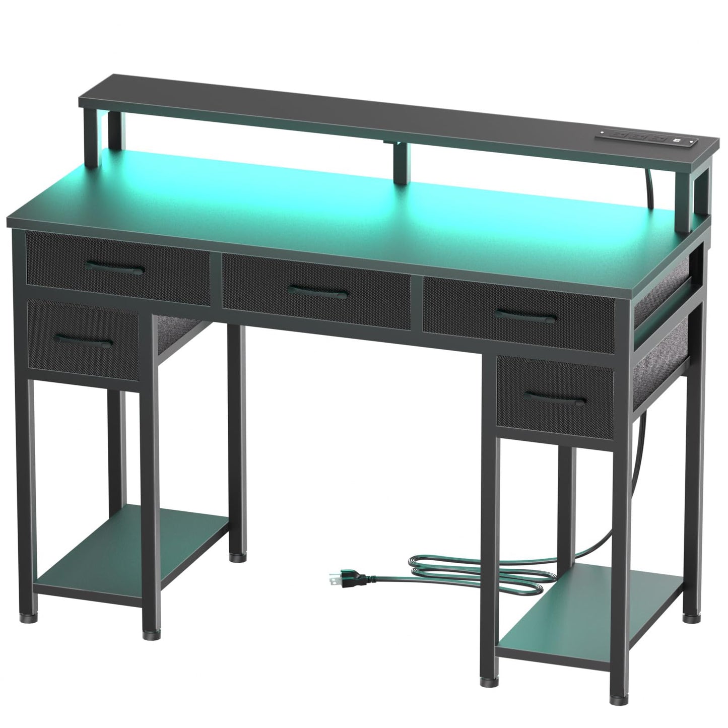 Uniheim Black Computer Desk with Drawers, Gaming Desk with LED Light & Power Outlet, 47" Home Office Desk with Large Storage & Monitor Stand for Small Space