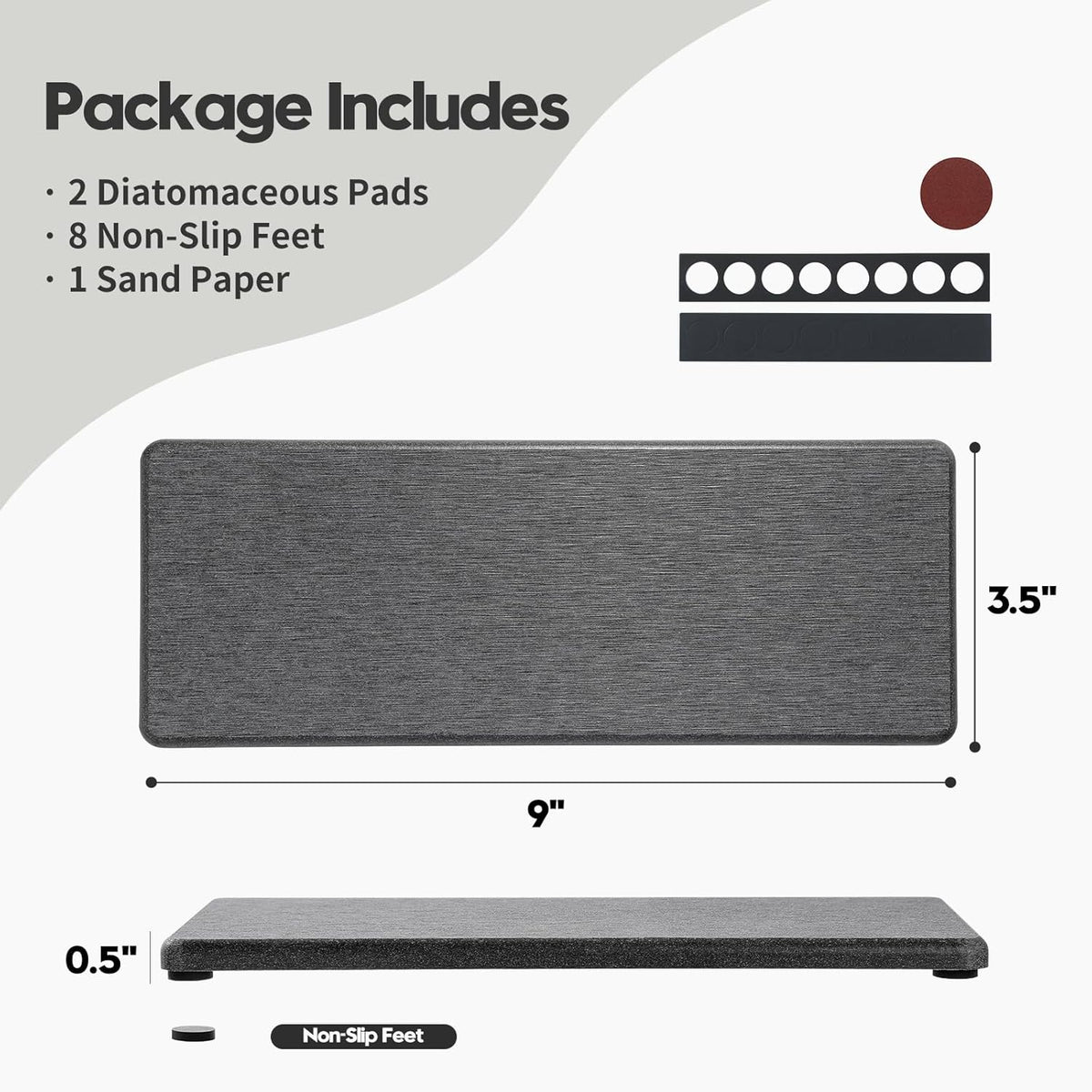 2PCS Bathroom Trays, Water Absorbing Diatomite Stone Quick Drying Mat for Kitchen Counter, Dish Rack Soap Dispenser Sponge Holder Caddy Sink Vanity Organizer, Dark Gray Slate,9"x3.5"